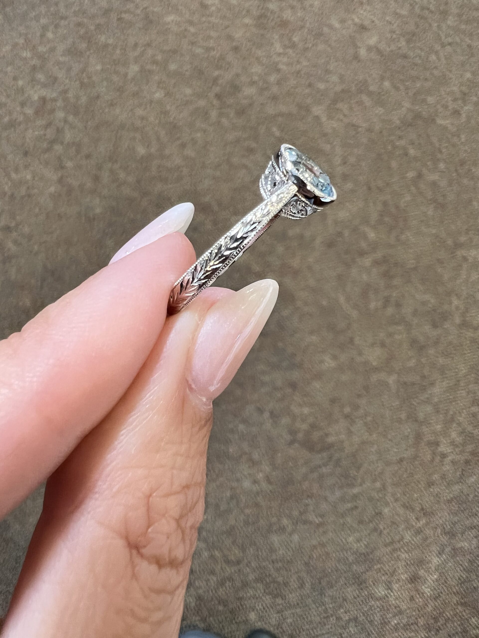 14k White Gold Genuine 1.26 Cttw Aquamarine Bezel Ring With Filigree & Engraving - Image 10