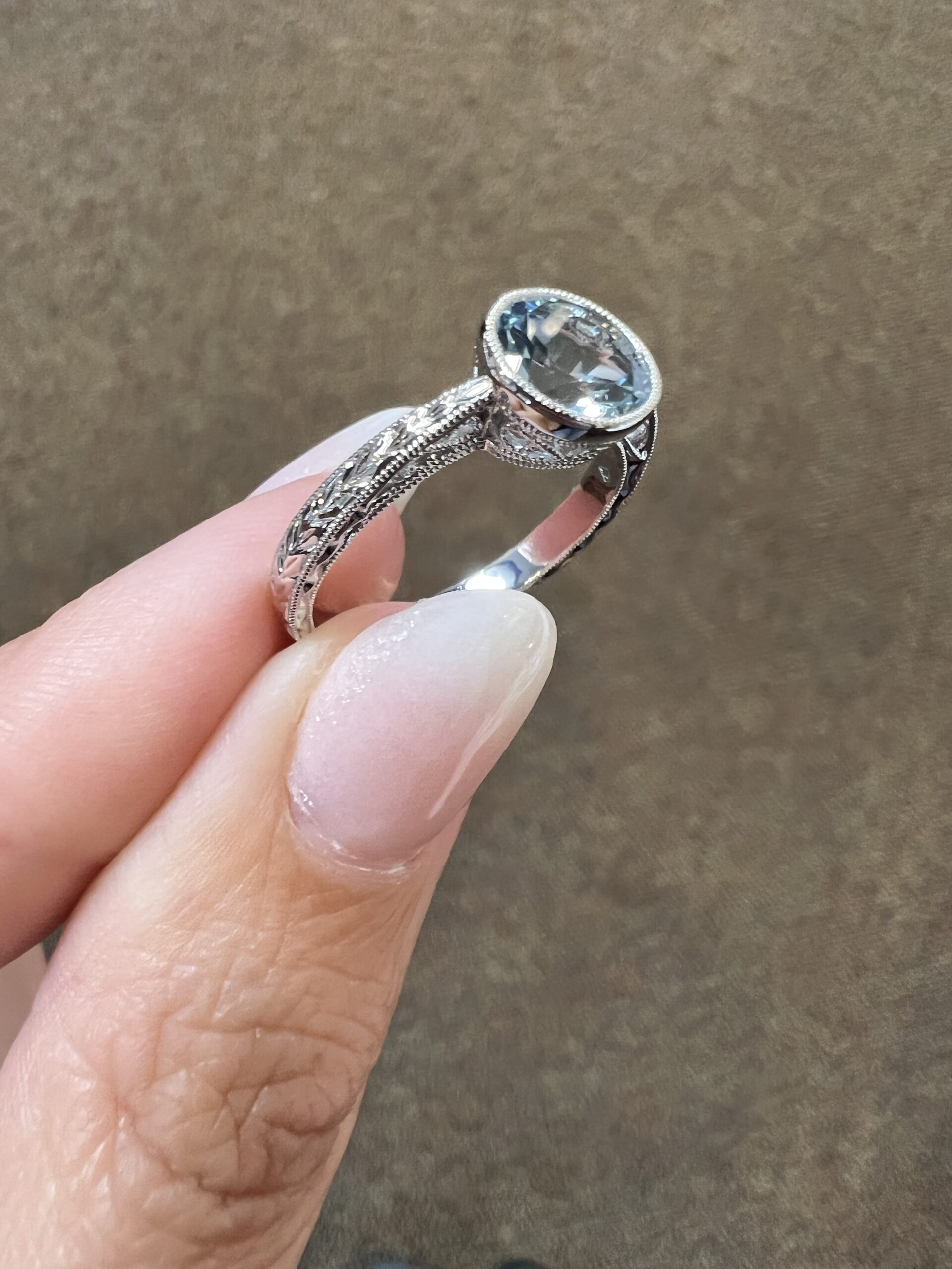 14k White Gold Genuine 1.26 Cttw Aquamarine Bezel Ring With Filigree & Engraving - Image 8