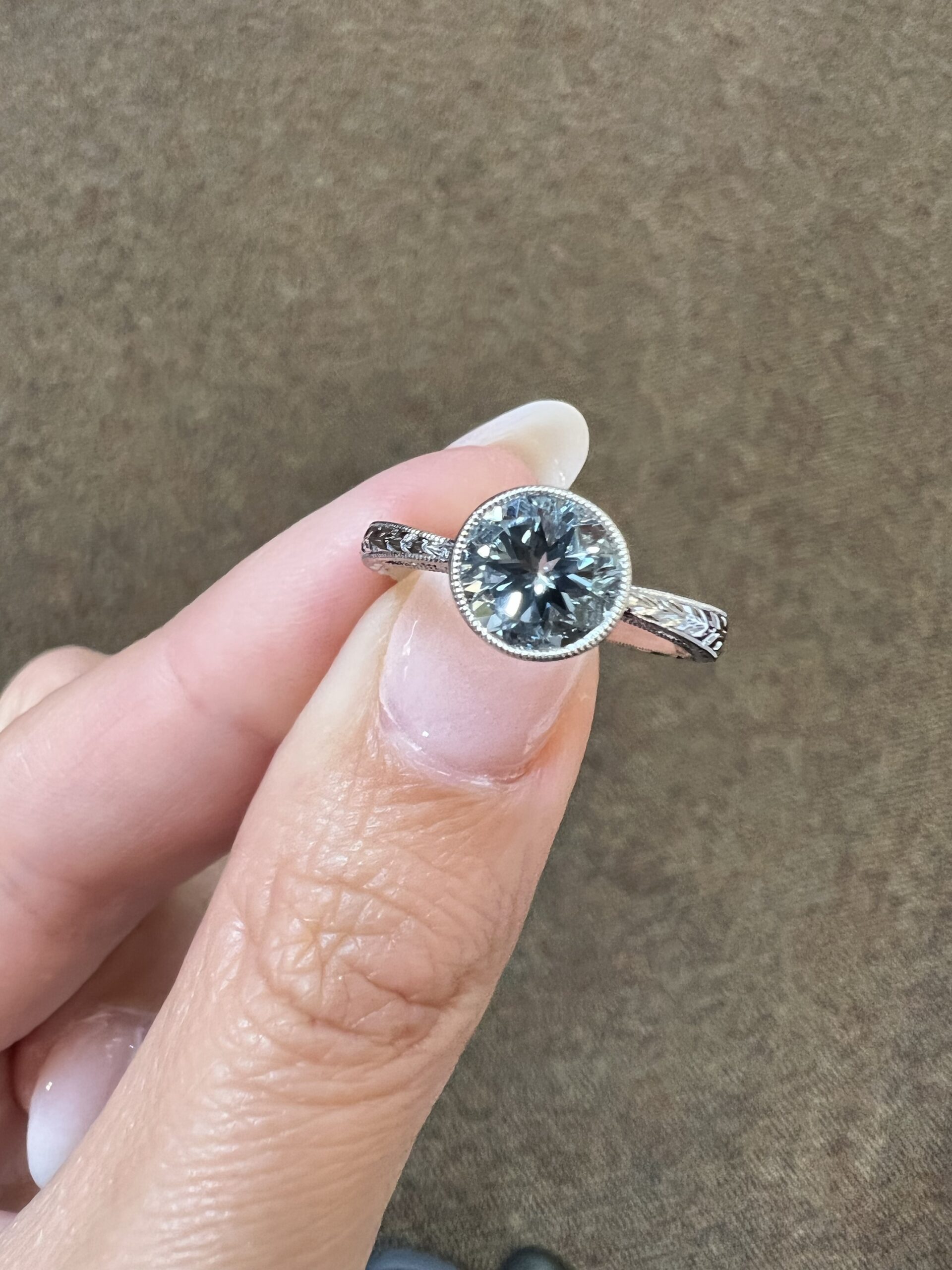 14k White Gold Genuine 1.26 Cttw Aquamarine Bezel Ring With Filigree & Engraving - Image 6