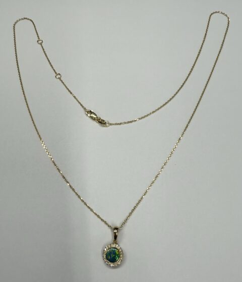 14k Yellow Gold Genuine .41 Cttw Opal Doublet & Diamond Halo Pendant