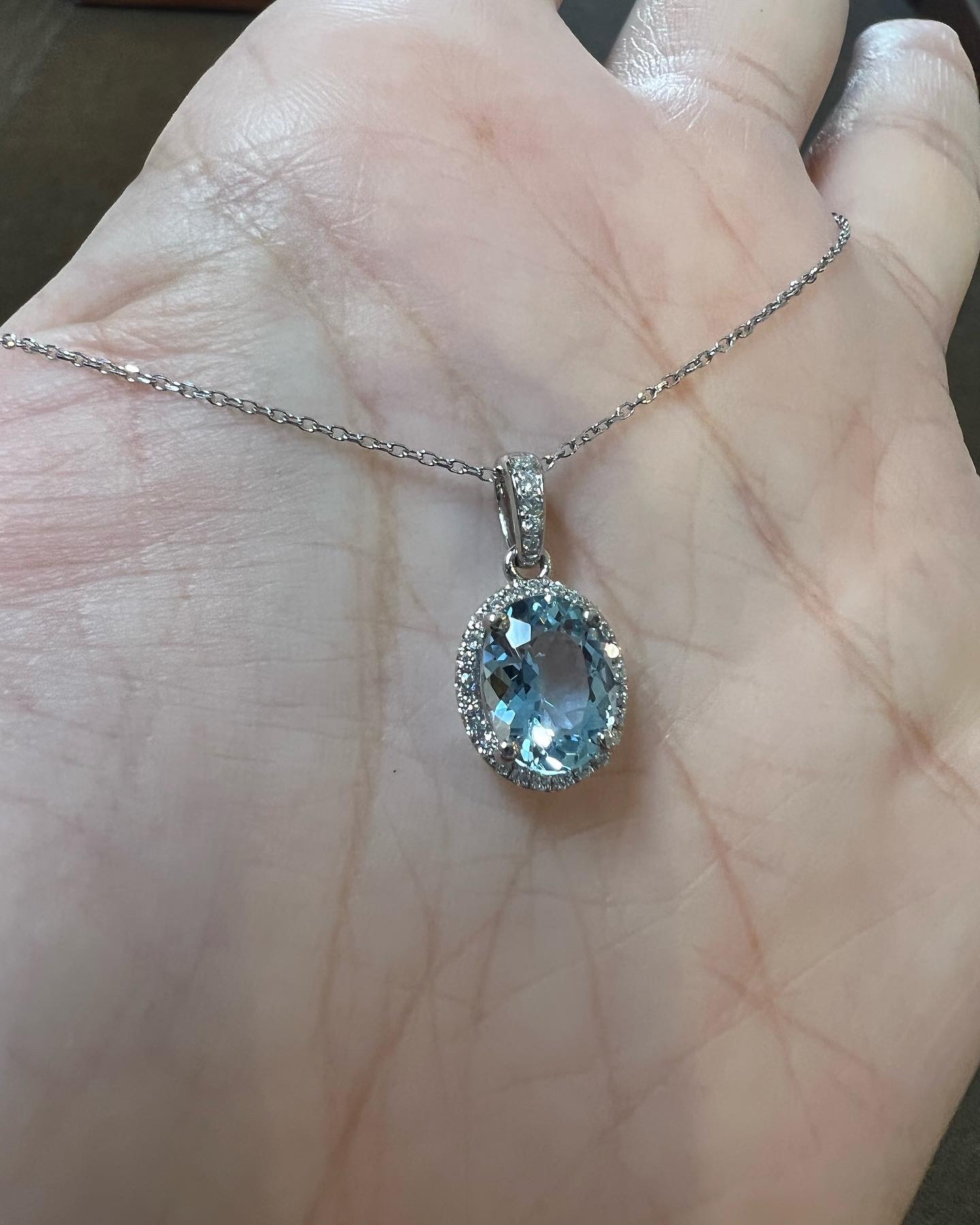 14k White Gold Genuine 1.57 Cttw Aquamarine & Diamond Halo Pendant