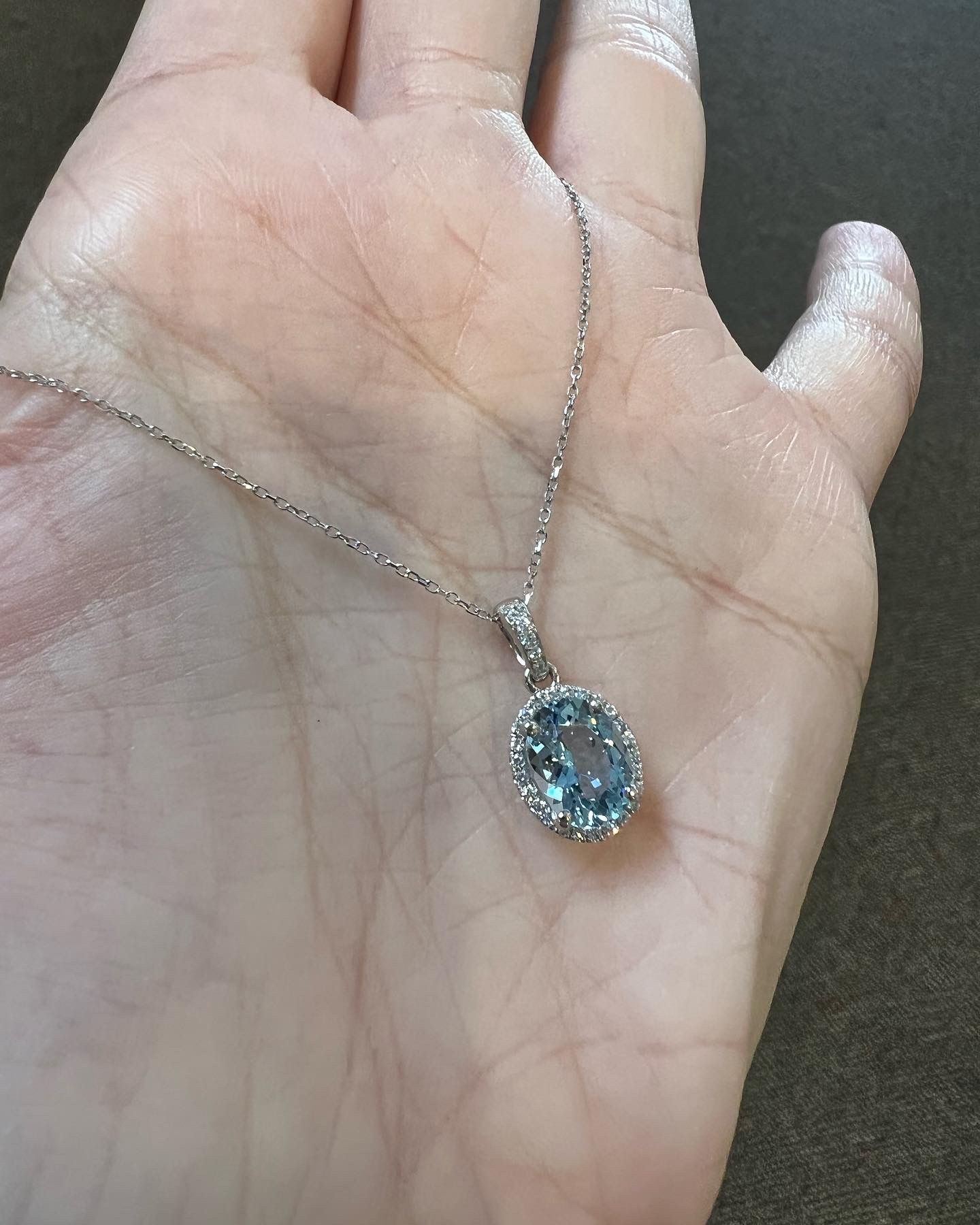 14k White Gold Genuine 1.57 Cttw Aquamarine & Diamond Halo Pendant - Image 6