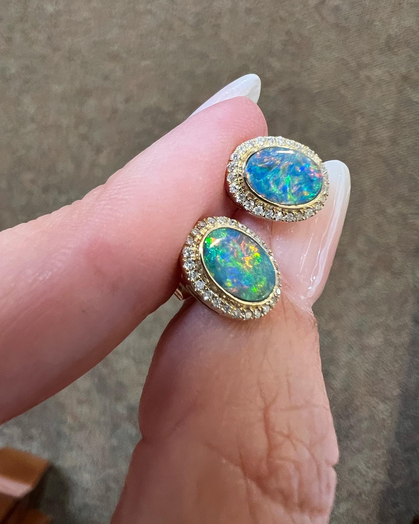 14k Yellow Gold Genuine .94 Cttw Opal Doublet & Diamond Halo Stud Earrings - Image 12