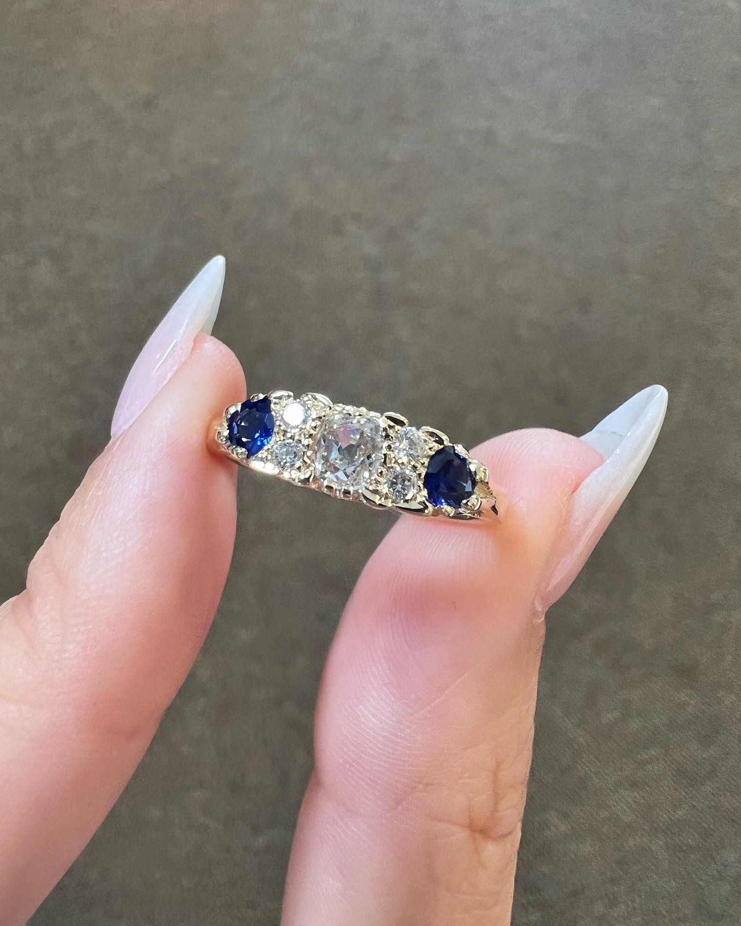 Custom Made 14k Yellow Gold Genuine Old Mine Cut Diamond & Sapphire Motif Ring - Image 3