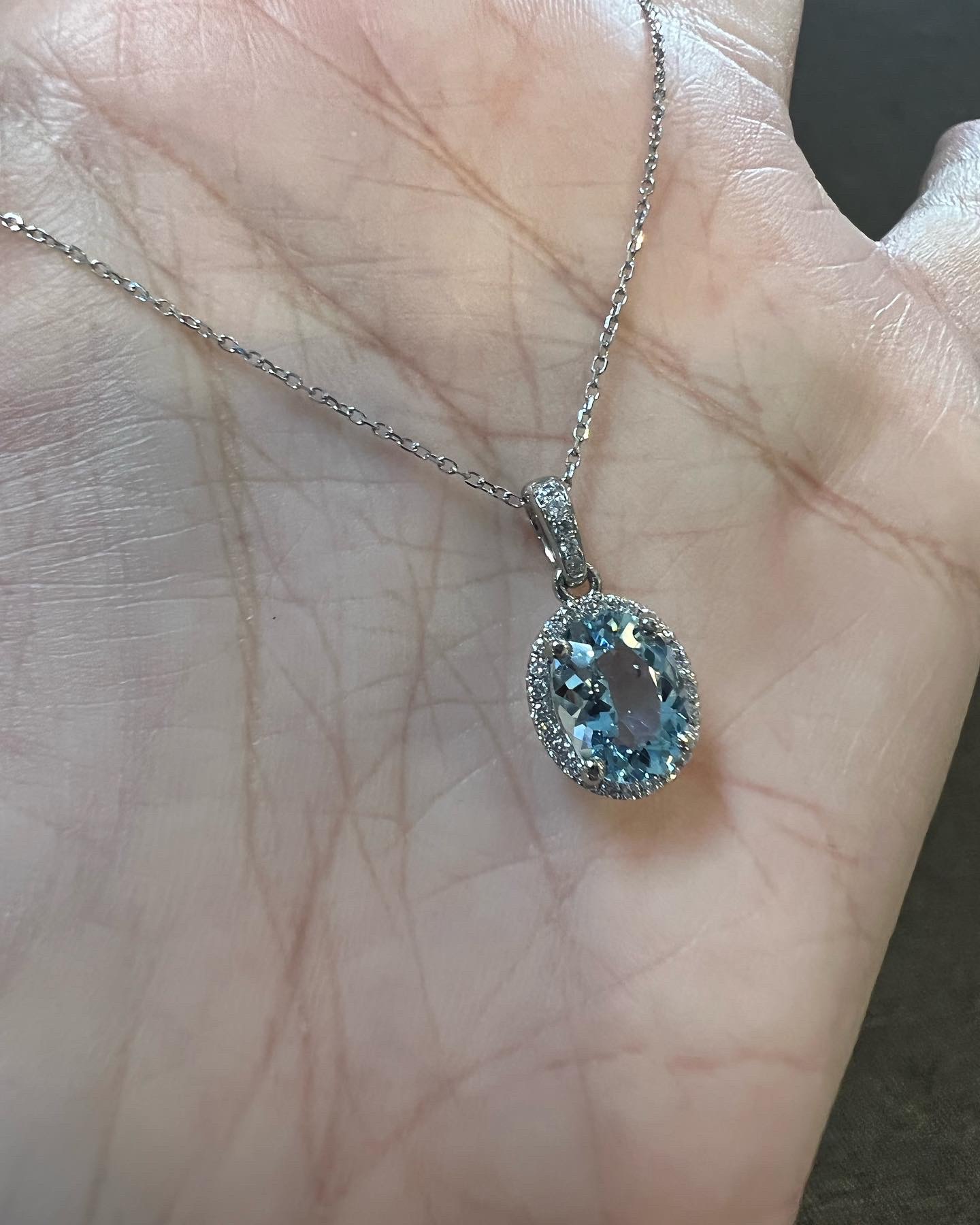 14k White Gold Genuine 1.57 Cttw Aquamarine & Diamond Halo Pendant - Image 7