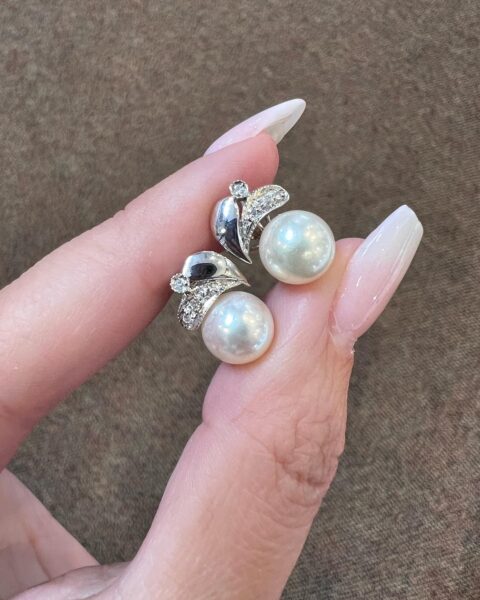 18k White Gold 8.5 MM Cultured Saltwater Pearl & Diamond Post & Clip Earrings