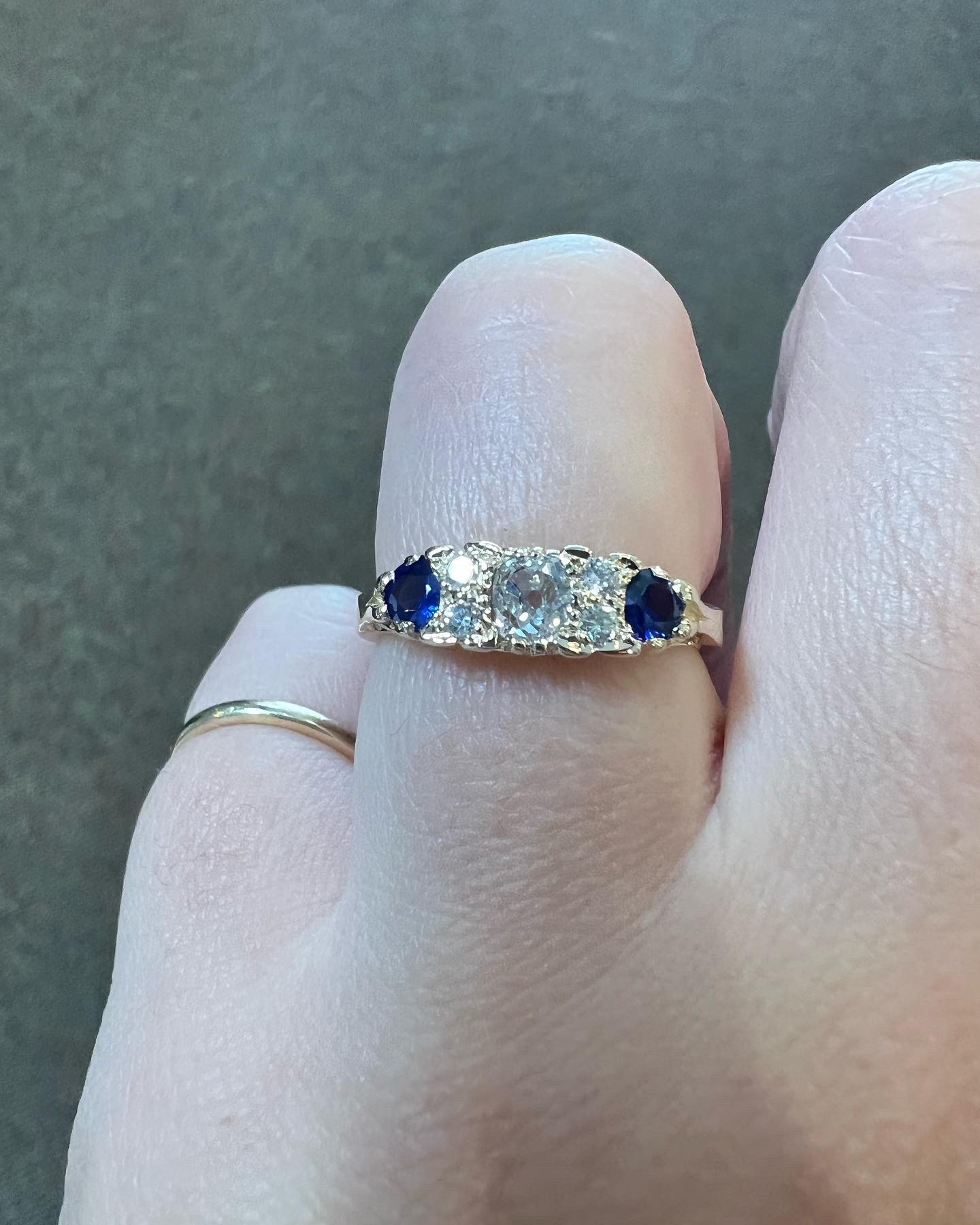 Custom Made 14k Yellow Gold Genuine Old Mine Cut Diamond & Sapphire Motif Ring - Image 11