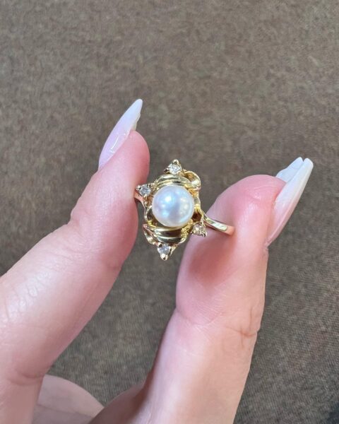 Vintage 14k Yellow Gold 6 MM Pearl & Diamond Cluster Ring