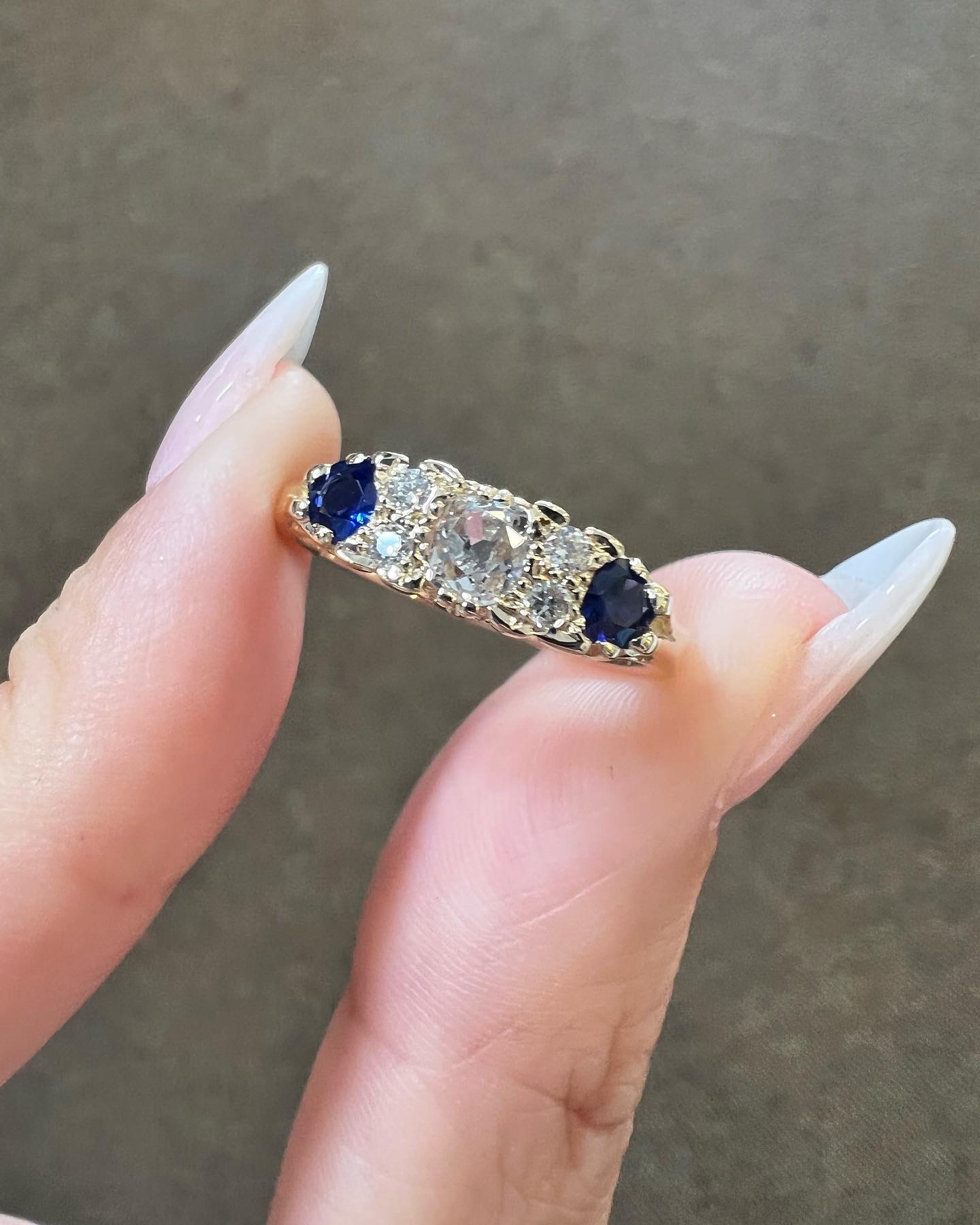 Custom Made 14k Yellow Gold Genuine Old Mine Cut Diamond & Sapphire Motif Ring - Image 10