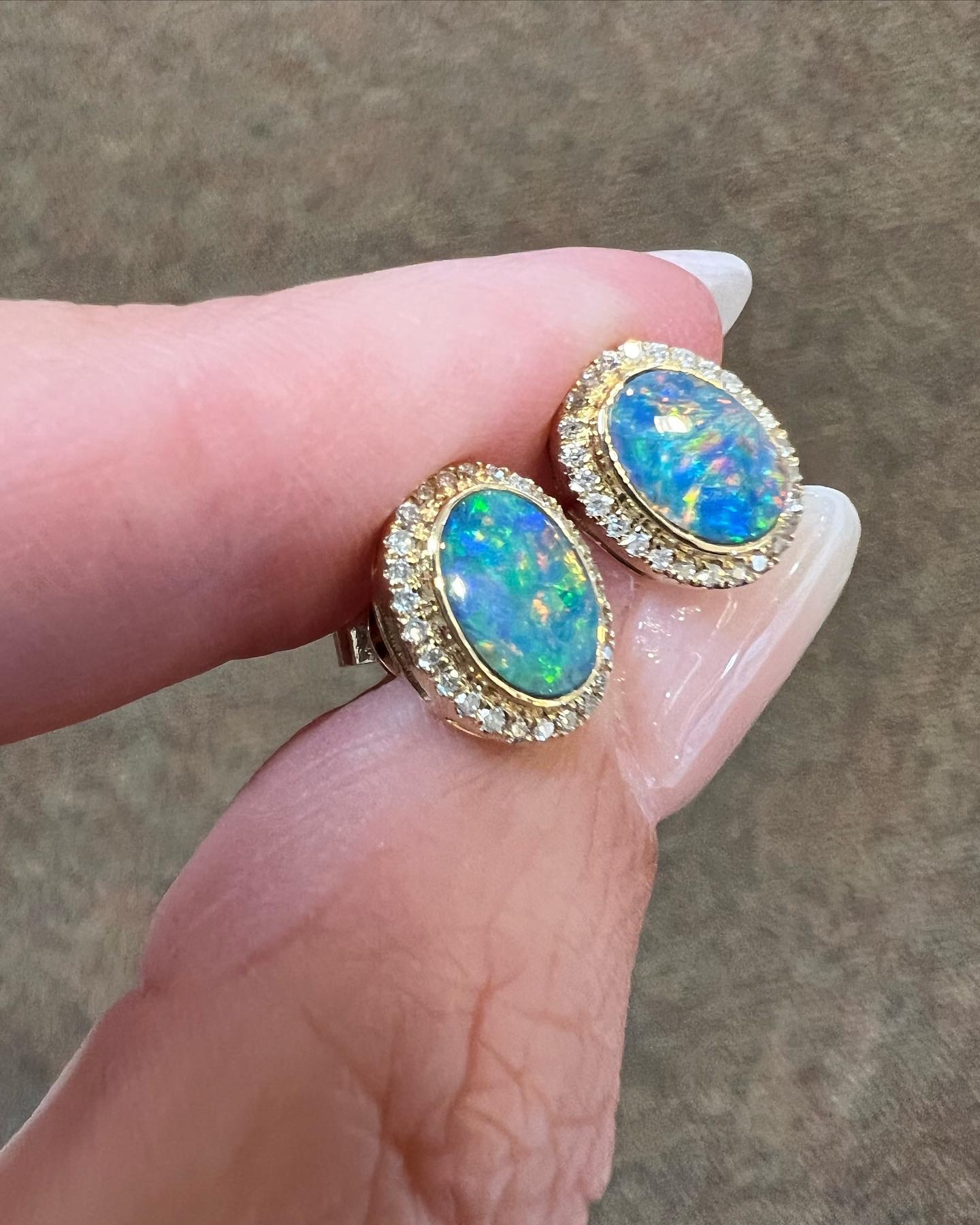 14k Yellow Gold Genuine .94 Cttw Opal Doublet & Diamond Halo Stud Earrings - Image 15