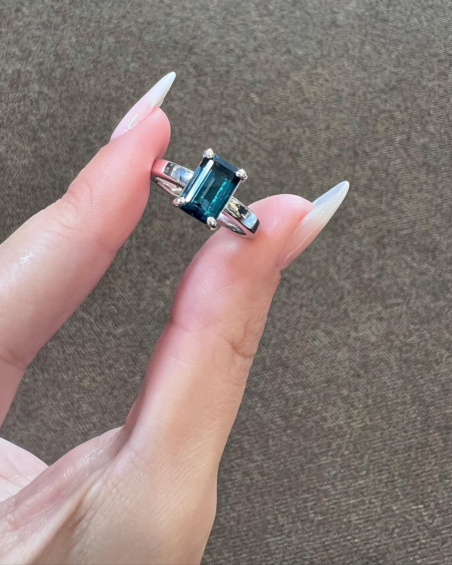 14k White Gold Genuine Emerald Cut 2.02 Cttw Blue Green Tourmaline Ring