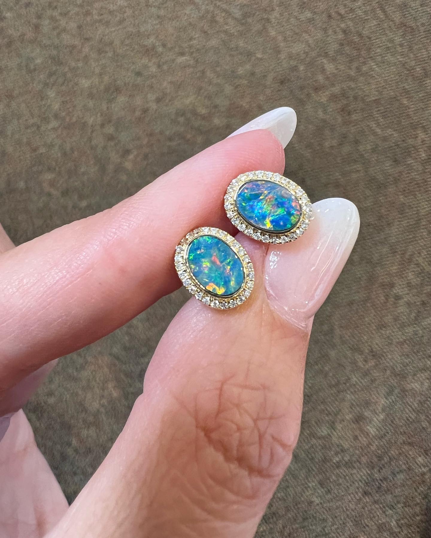 14k Yellow Gold Genuine .94 Cttw Opal Doublet & Diamond Halo Stud Earrings - Image 13