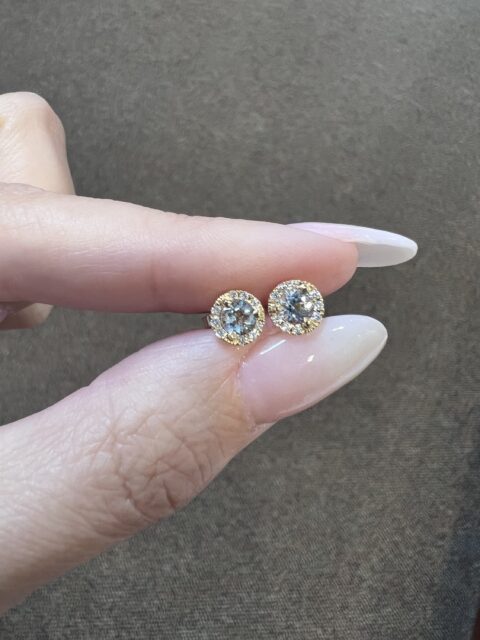 14k Yellow Gold Genuine .44 Cttw Aquamarine & .11 Cttw Diamond Halo Stud Earrings