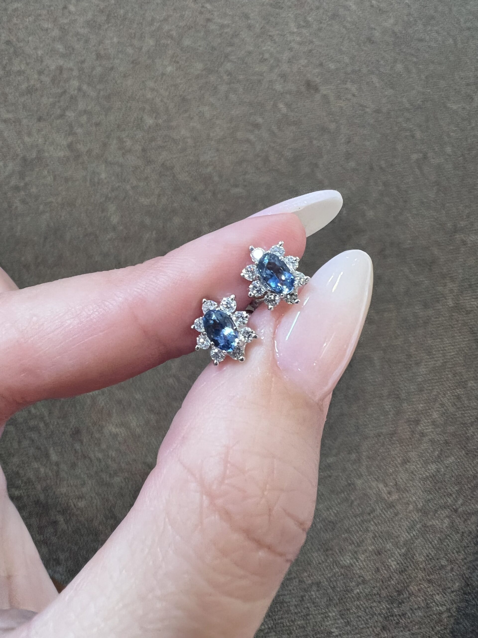 14k White Gold Genuine 5 x 3 MM Aquamarine & .16 Cttw Genuine Round Brilliant Cut Diamond Cluster Stud Earrings - Image 10