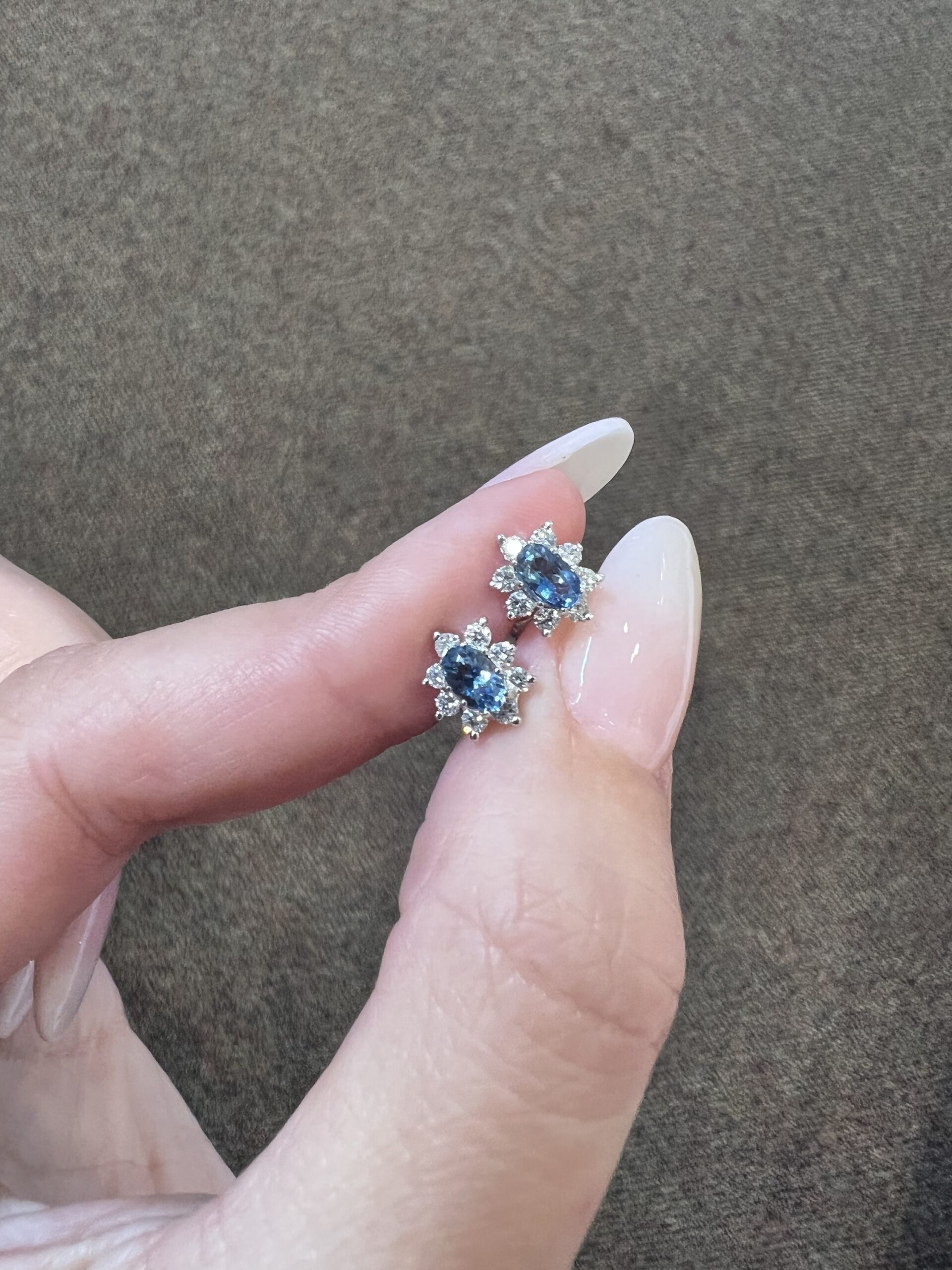 14k White Gold Genuine 5 x 3 MM Aquamarine & .16 Cttw Genuine Round Brilliant Cut Diamond Cluster Stud Earrings - Image 9