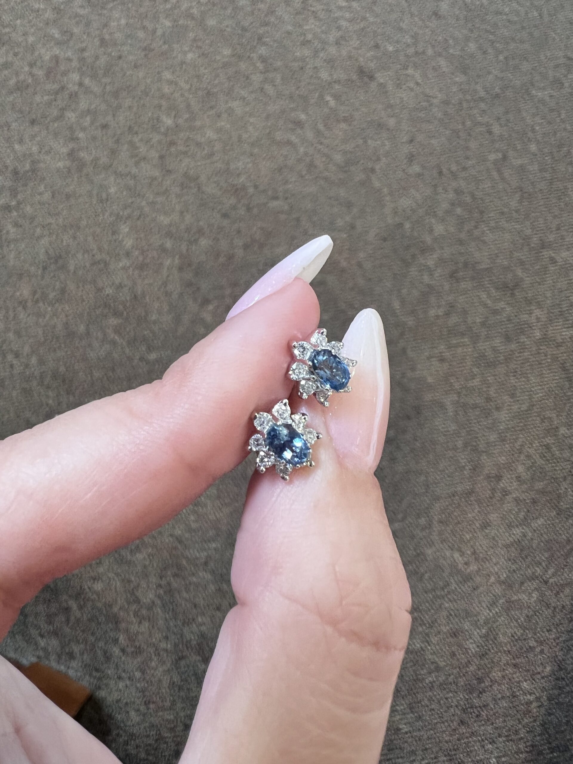 14k White Gold Genuine 5 x 3 MM Aquamarine & .16 Cttw Genuine Round Brilliant Cut Diamond Cluster Stud Earrings - Image 7