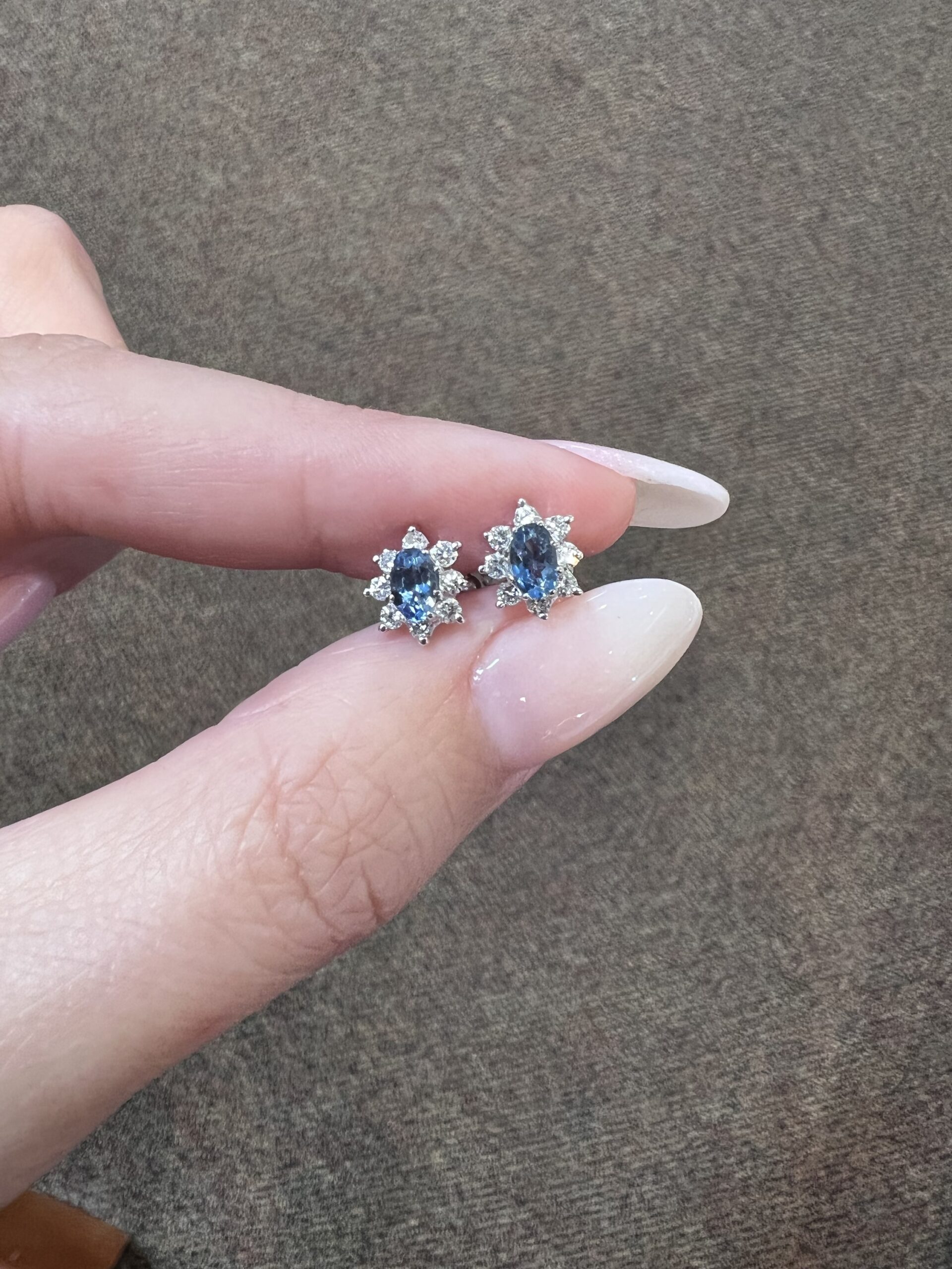 14k White Gold Genuine 5 x 3 MM Aquamarine & .16 Cttw Genuine Round Brilliant Cut Diamond Cluster Stud Earrings - Image 5