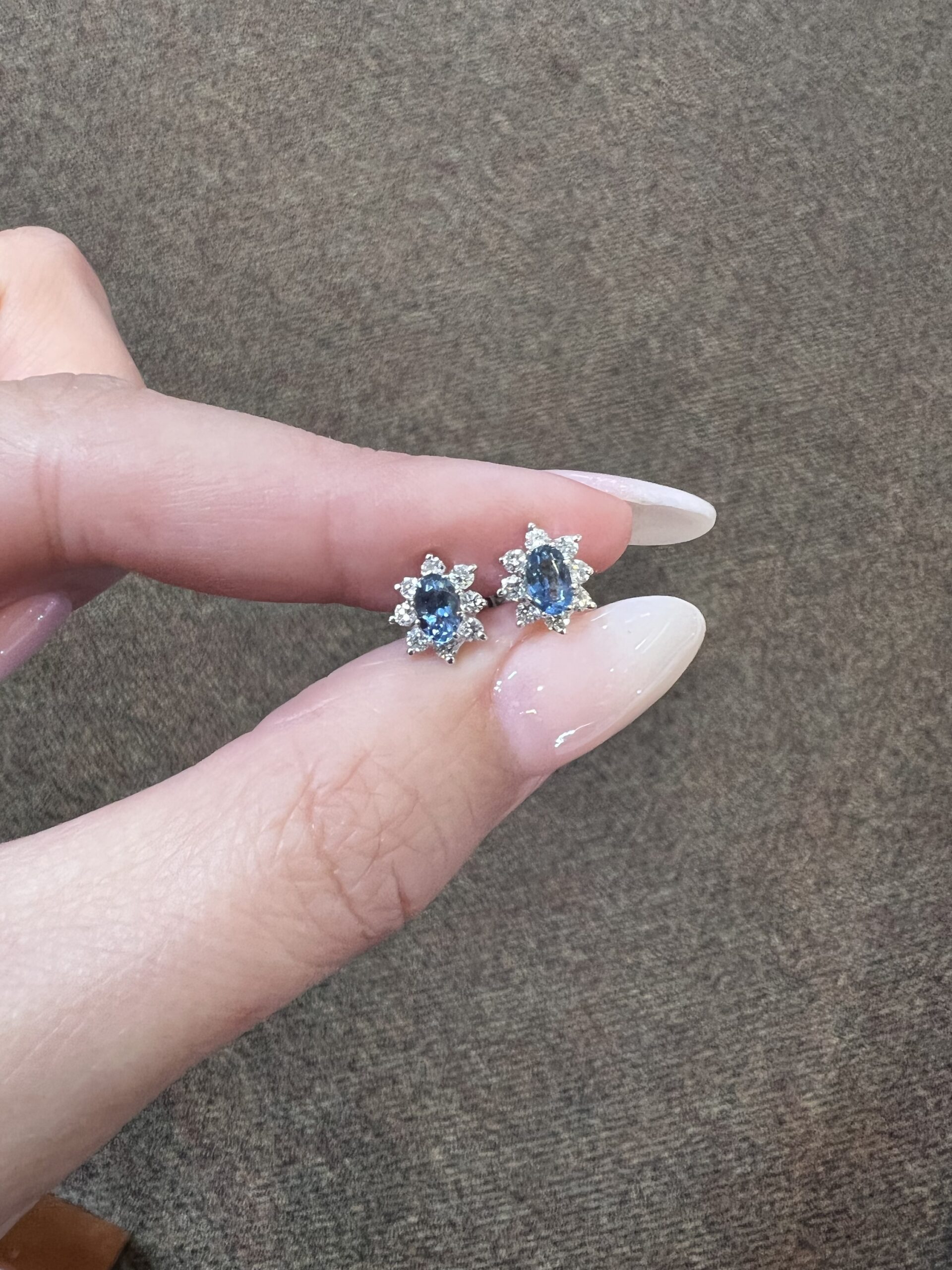 14k White Gold Genuine 5 x 3 MM Aquamarine & .16 Cttw Genuine Round Brilliant Cut Diamond Cluster Stud Earrings - Image 4