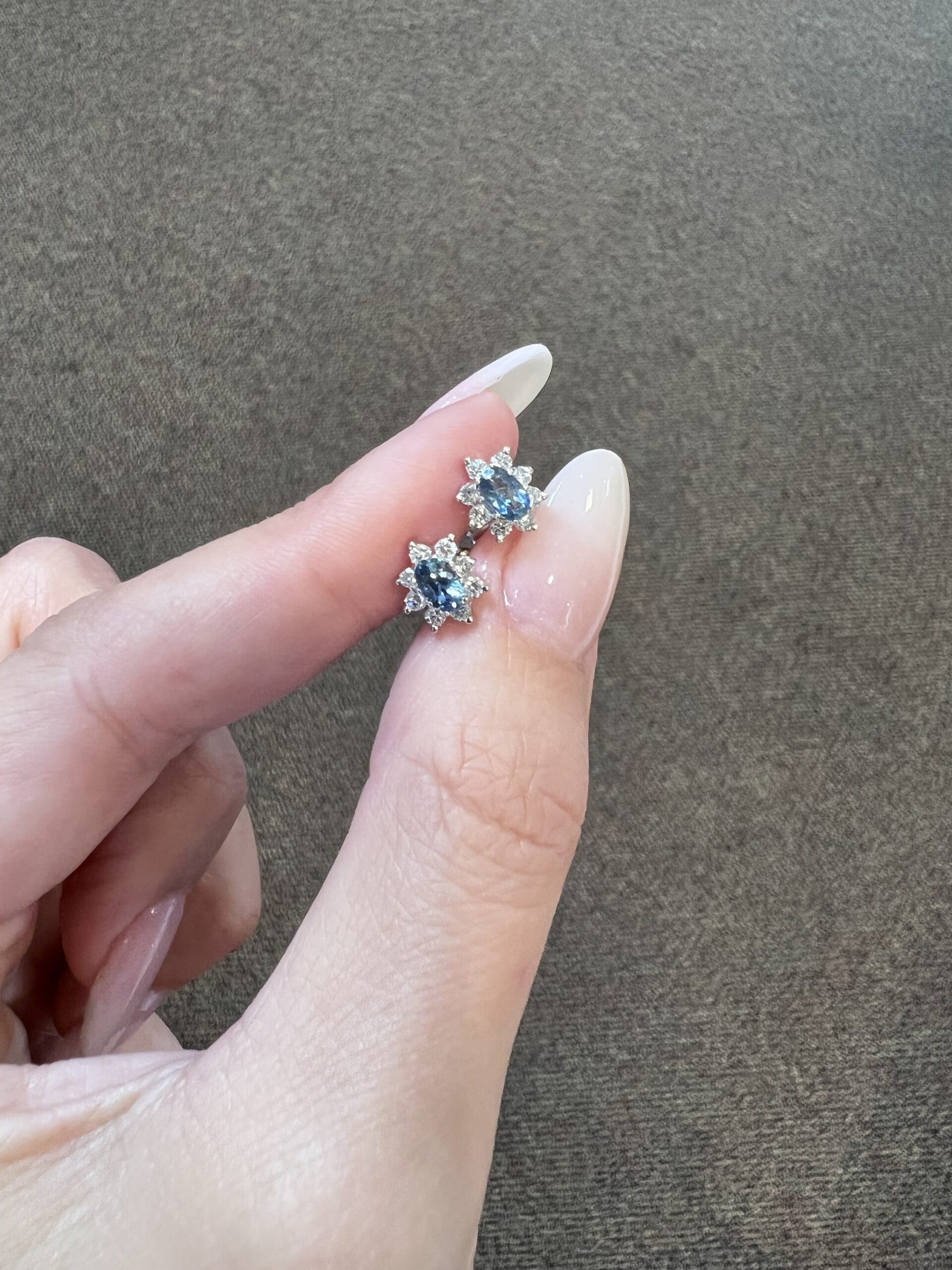 14k White Gold Genuine 5 x 3 MM Aquamarine & .16 Cttw Genuine Round Brilliant Cut Diamond Cluster Stud Earrings - Image 3