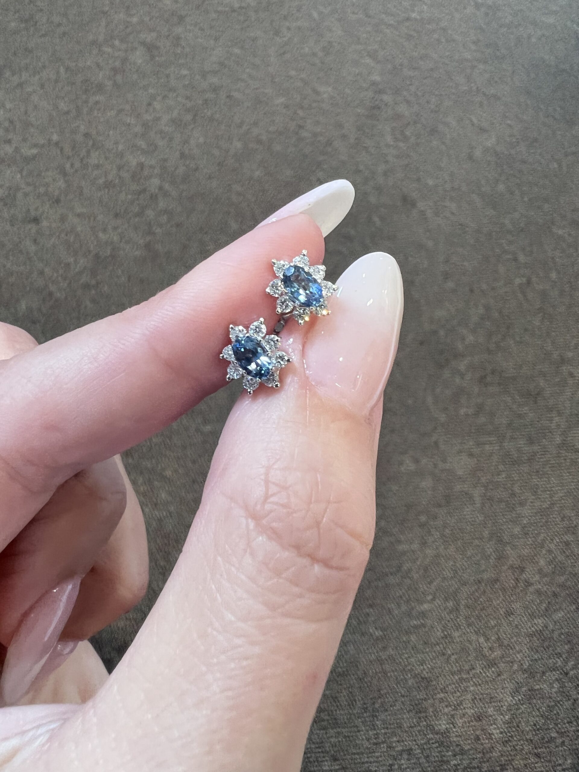 14k White Gold Genuine 5 x 3 MM Aquamarine & .16 Cttw Genuine Round Brilliant Cut Diamond Cluster Stud Earrings - Image 2