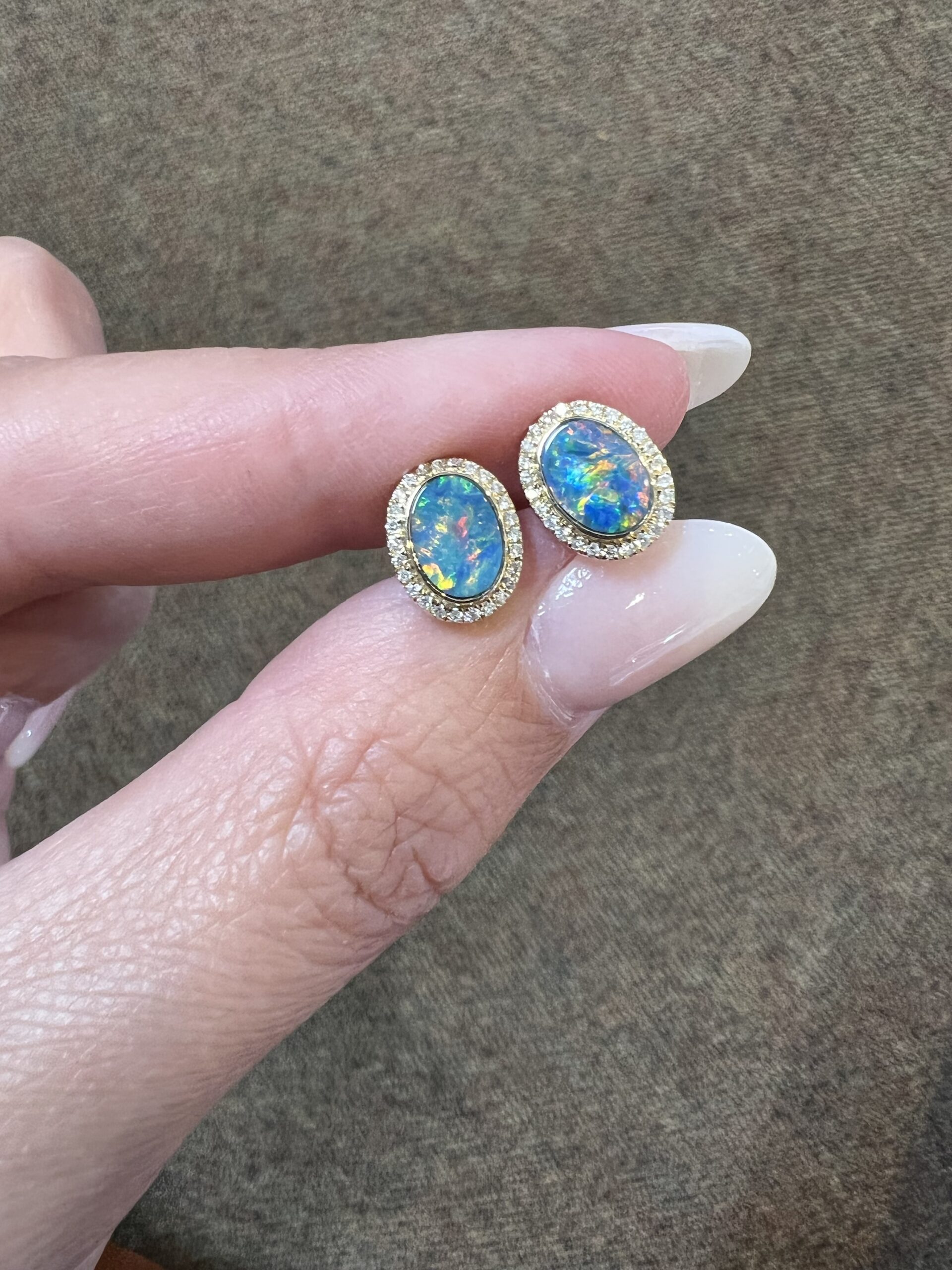 14k Yellow Gold Genuine .94 Cttw Opal Doublet & Diamond Halo Stud Earrings - Image 2