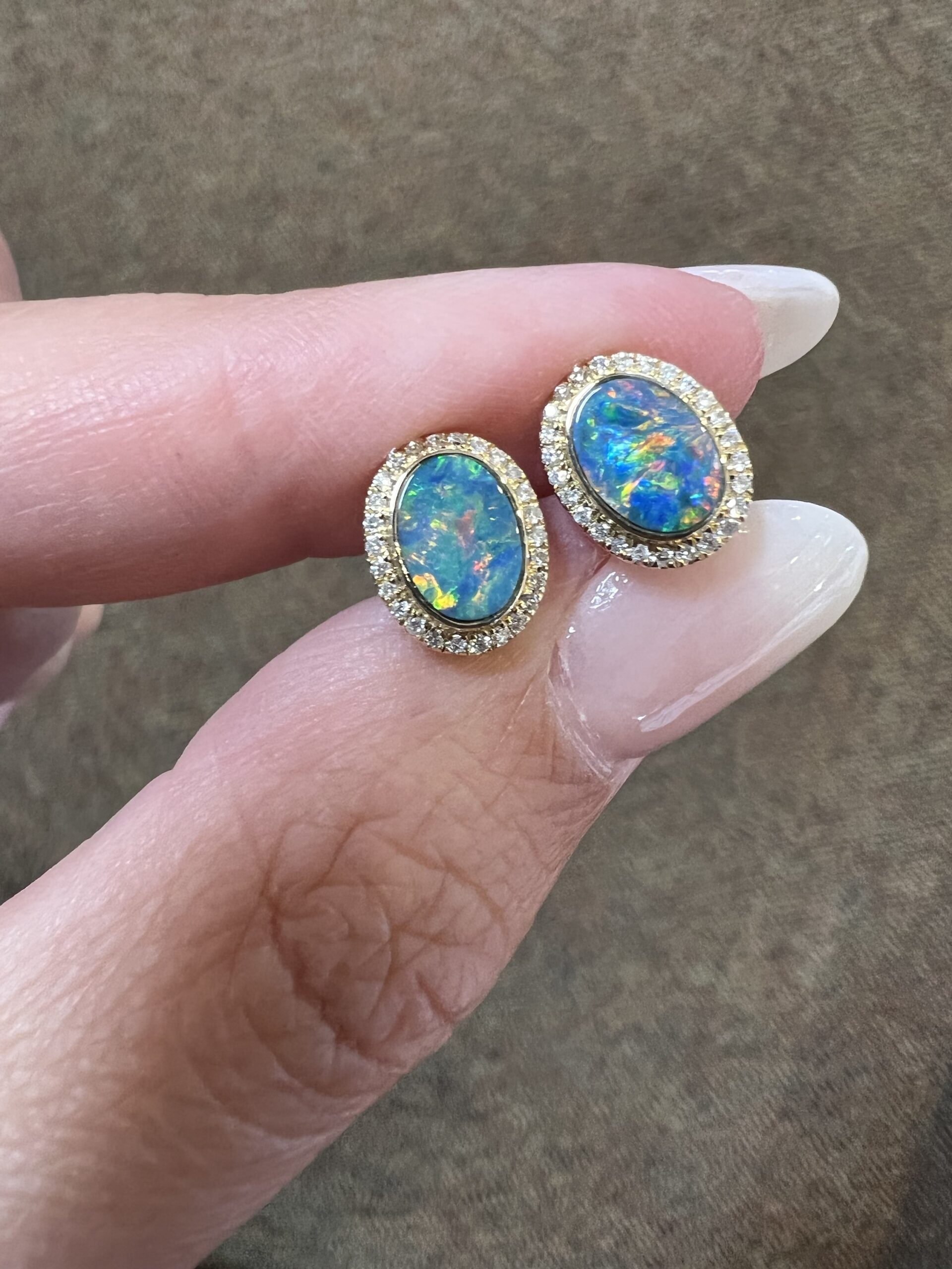14k Yellow Gold Genuine .94 Cttw Opal Doublet & Diamond Halo Stud Earrings