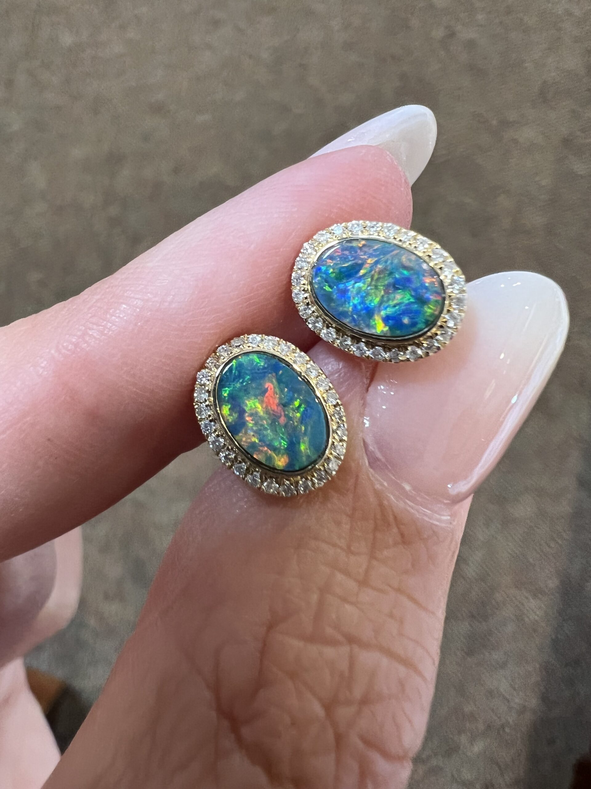 14k Yellow Gold Genuine .94 Cttw Opal Doublet & Diamond Halo Stud Earrings - Image 7