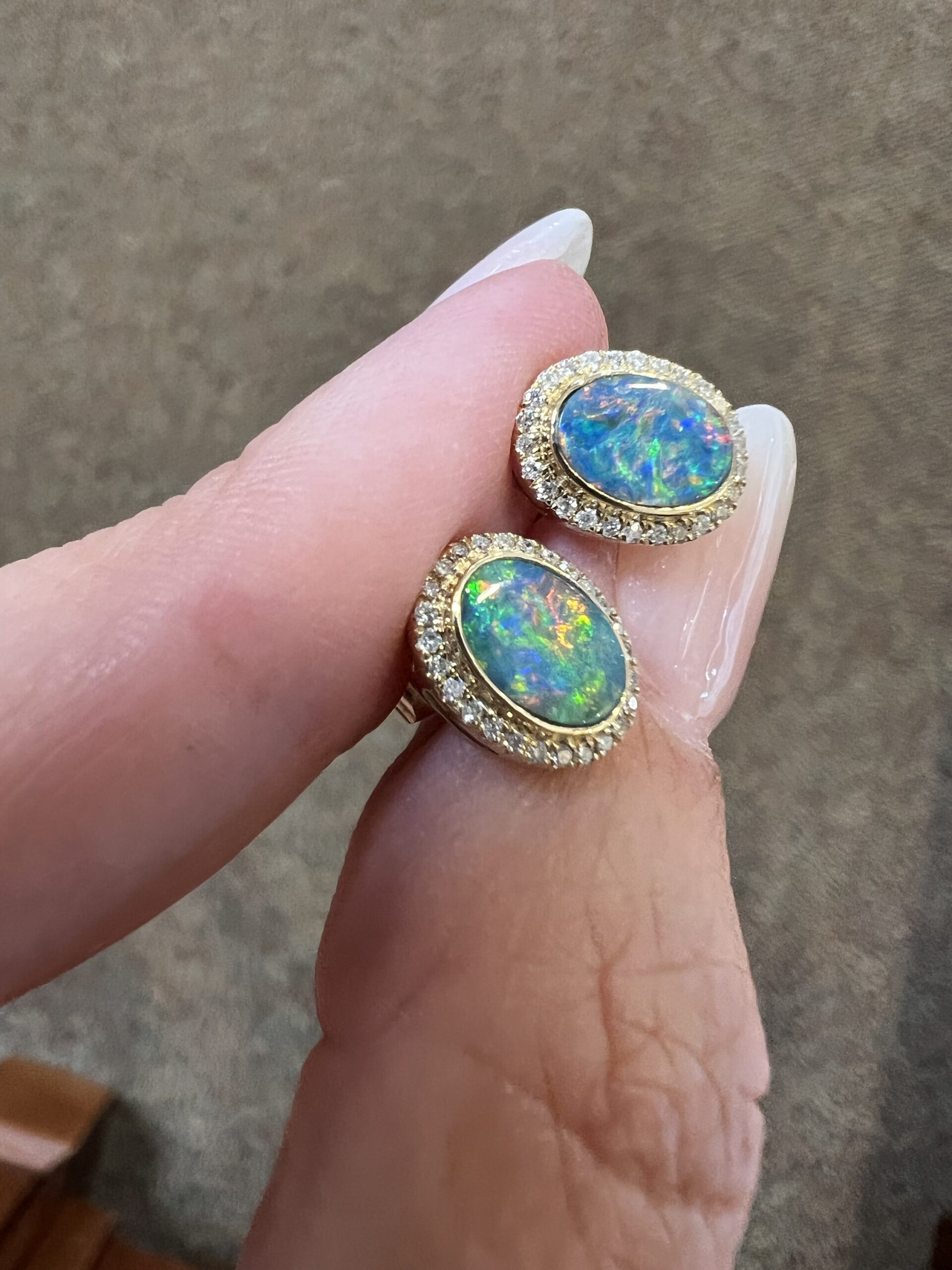 14k Yellow Gold Genuine .94 Cttw Opal Doublet & Diamond Halo Stud Earrings - Image 8