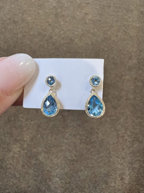 14k Yellow Gold 2.06 Cttw Genuine Blue Topaz Dangle Stud Earrings