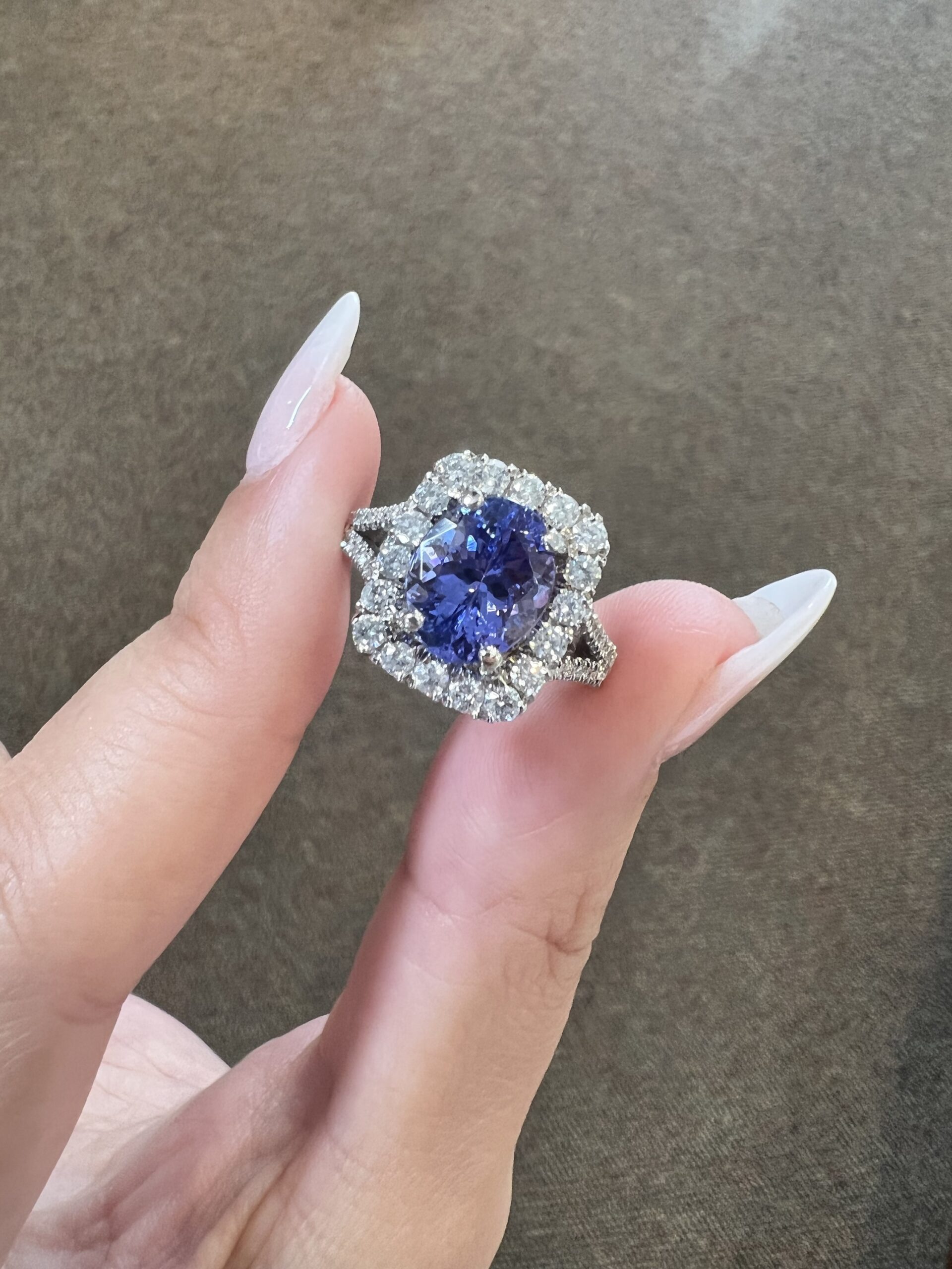 18k White Gold Genuine Custom Made 3.25 Cttw Tanzanite & Diamond Halo Ring - Image 3