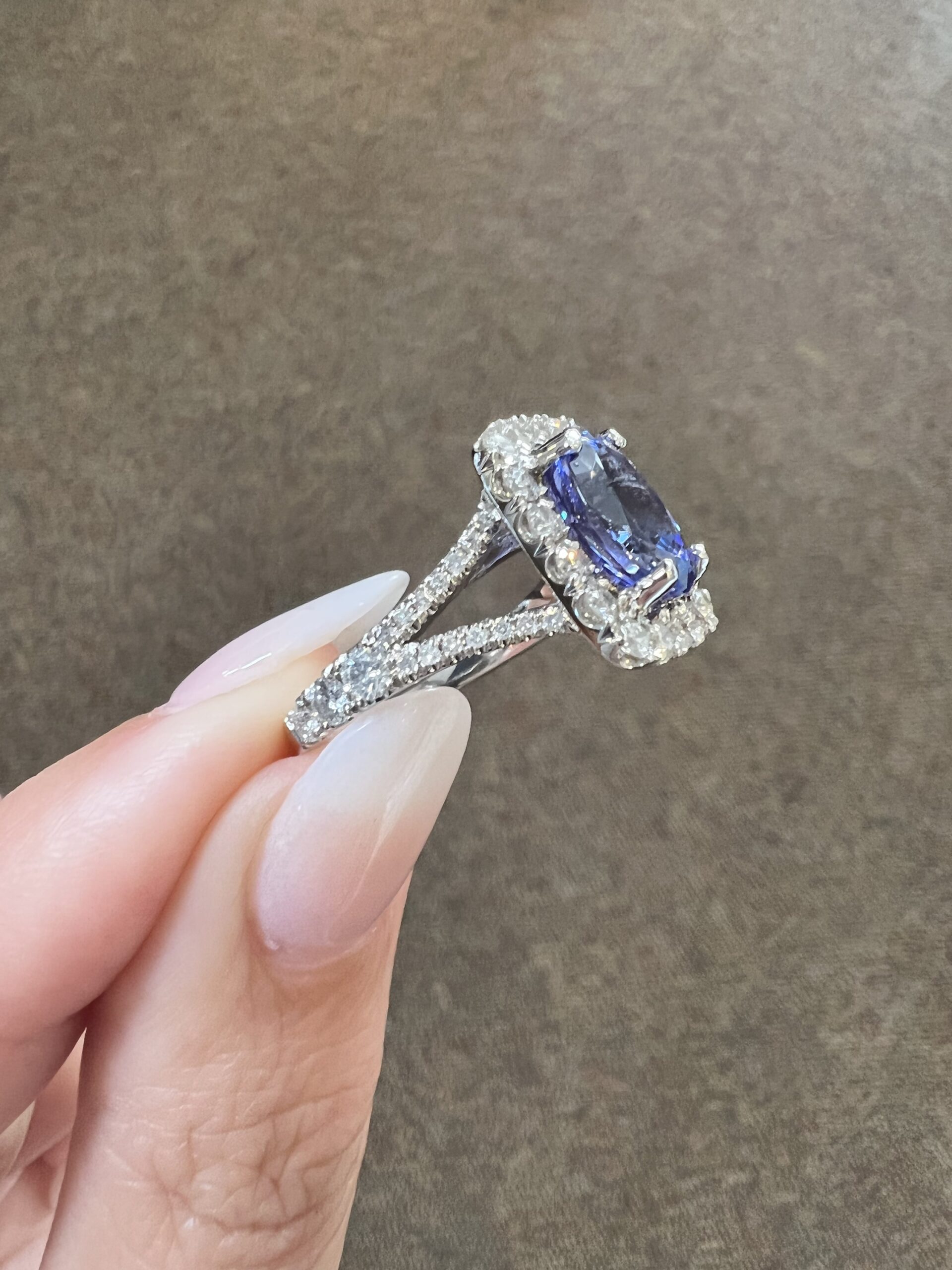 18k White Gold Genuine Custom Made 3.25 Cttw Tanzanite & Diamond Halo Ring - Image 5