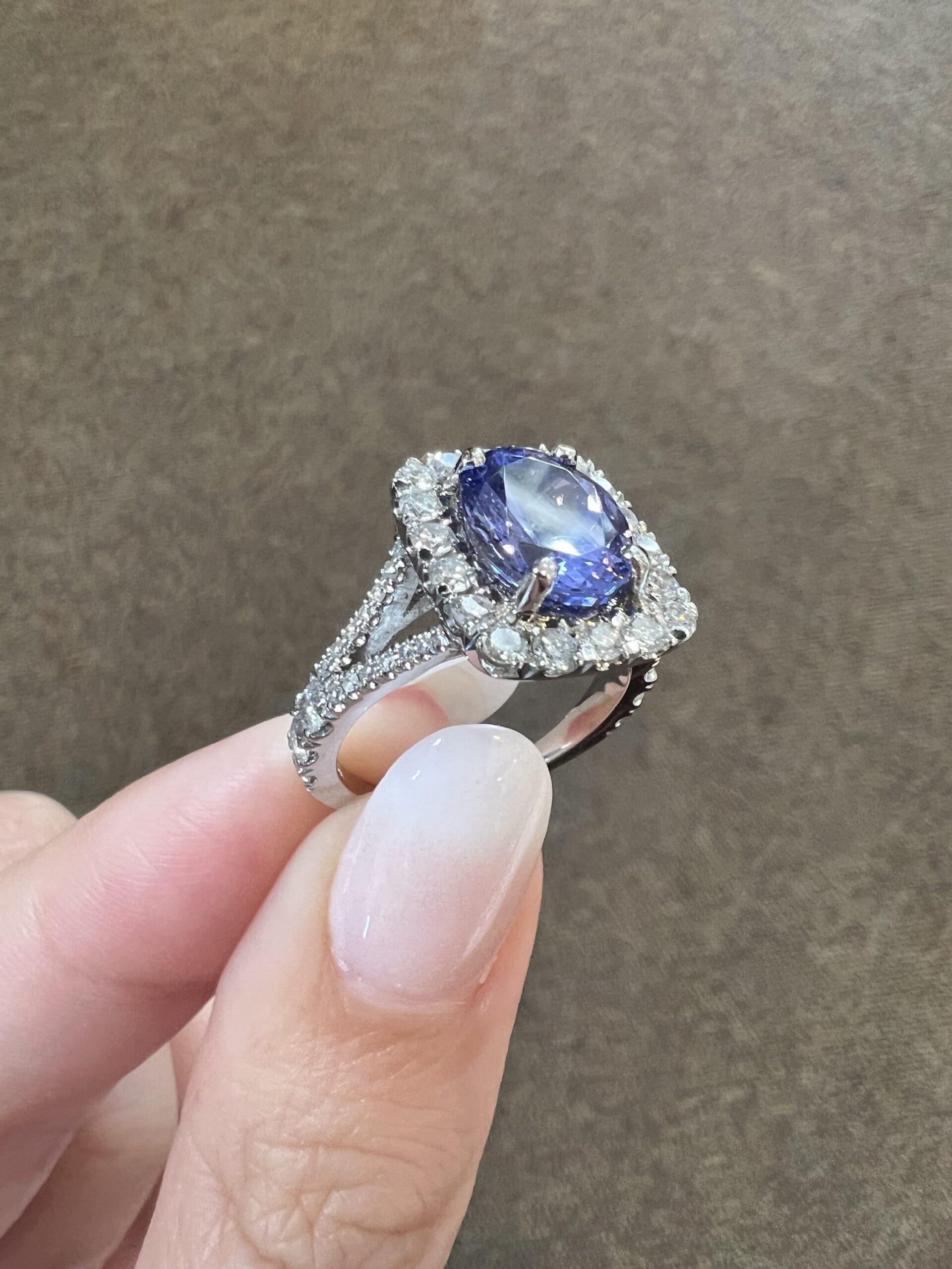 18k White Gold Genuine Custom Made 3.25 Cttw Tanzanite & Diamond Halo Ring - Image 7