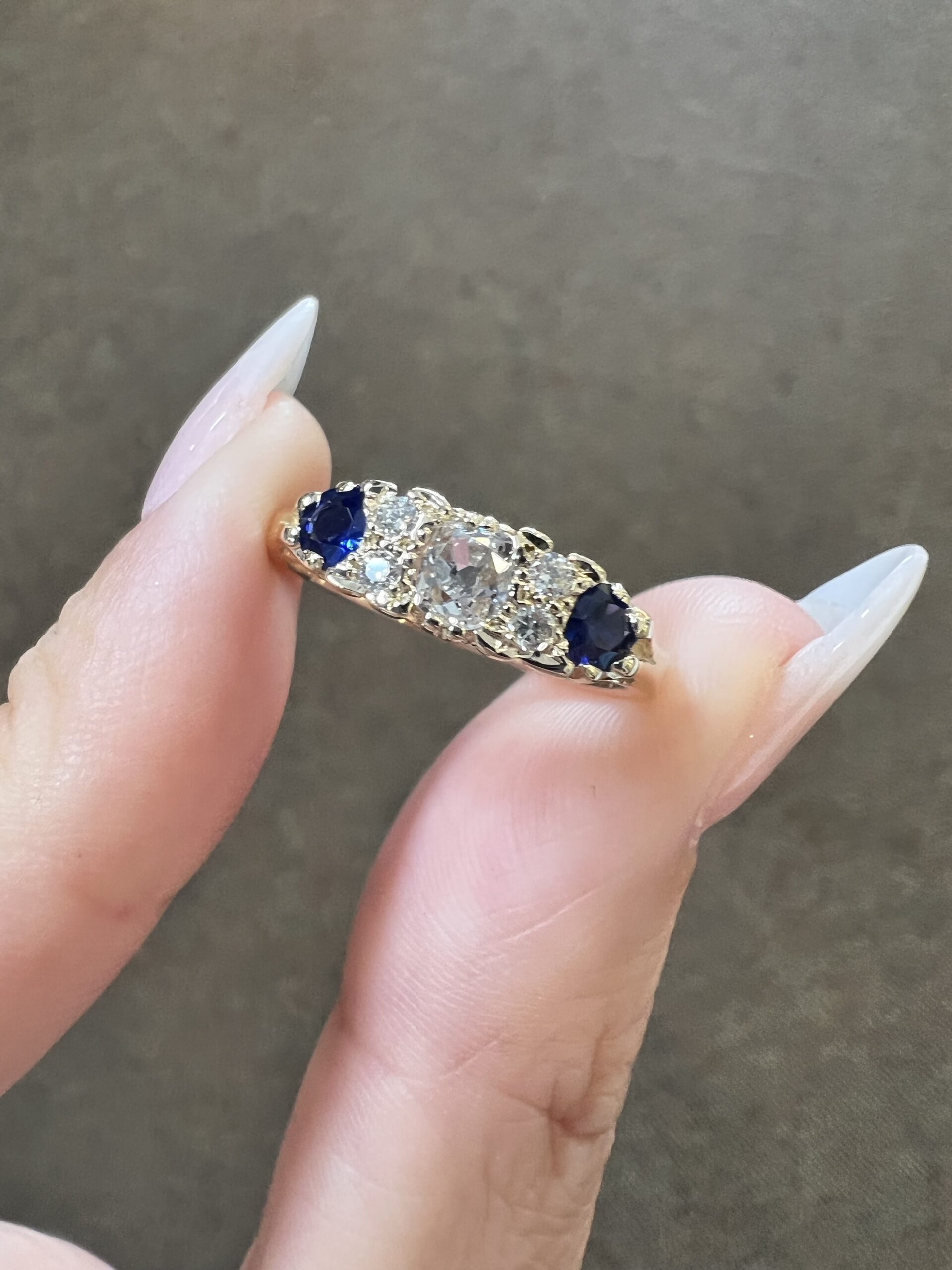 Custom Made 14k Yellow Gold Genuine Old Mine Cut Diamond & Sapphire Motif Ring - Image 13