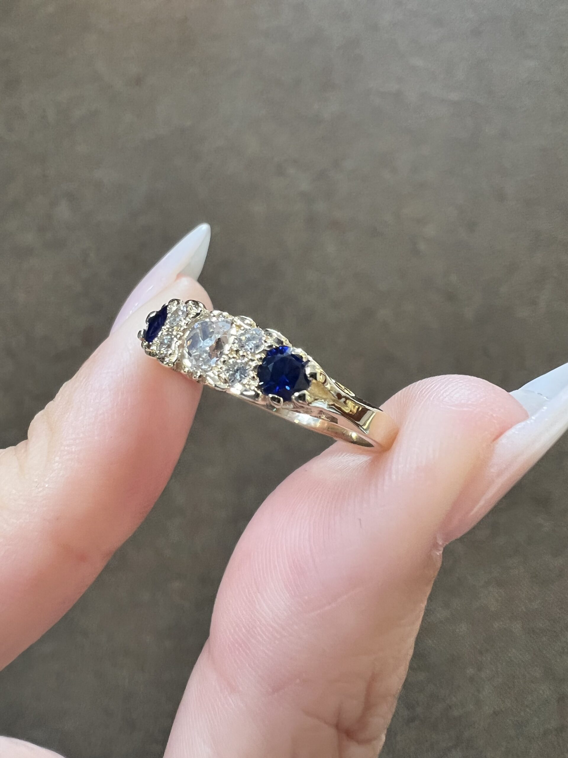 Custom Made 14k Yellow Gold Genuine Old Mine Cut Diamond & Sapphire Motif Ring - Image 12