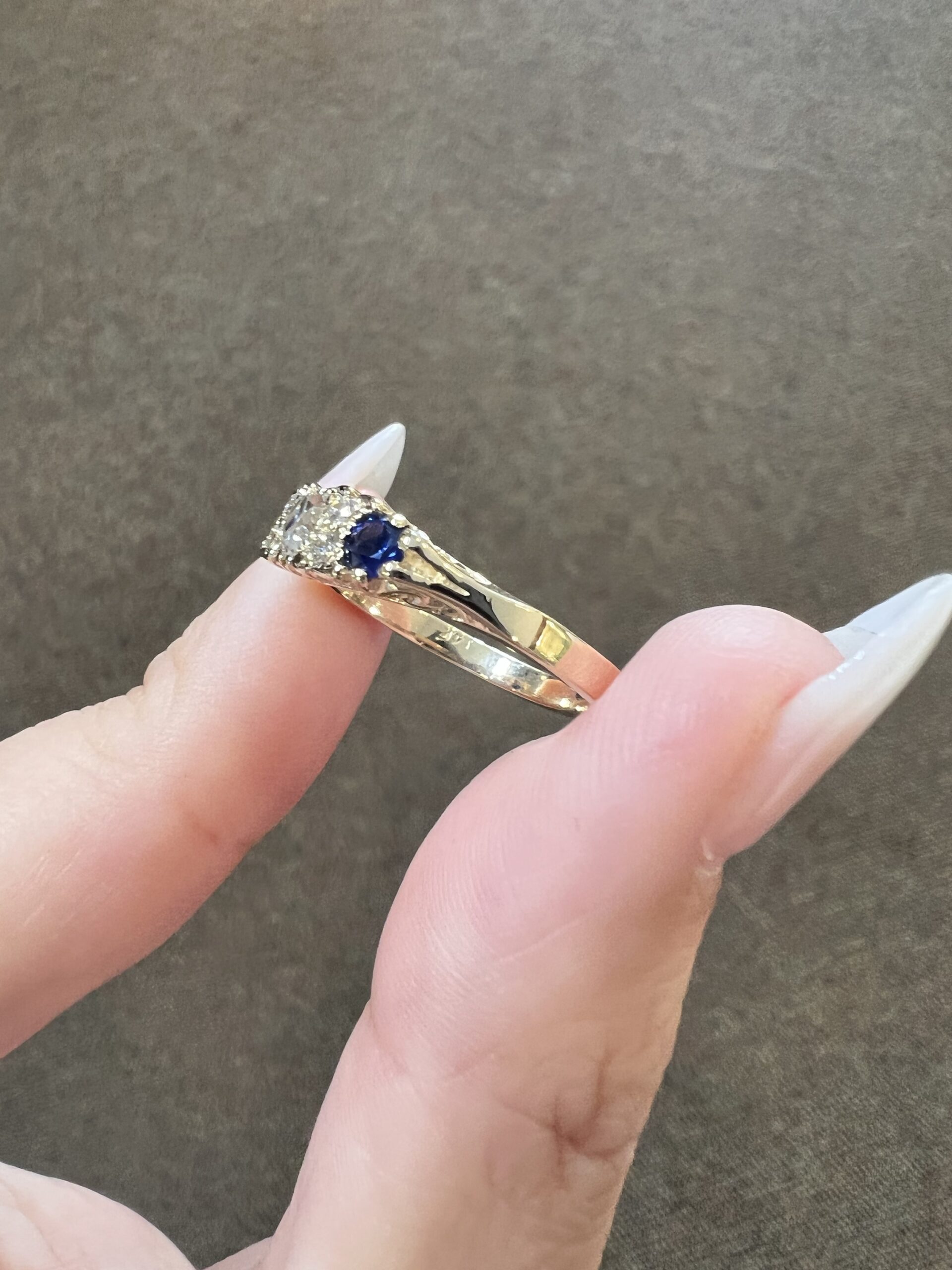 Custom Made 14k Yellow Gold Genuine Old Mine Cut Diamond & Sapphire Motif Ring - Image 21