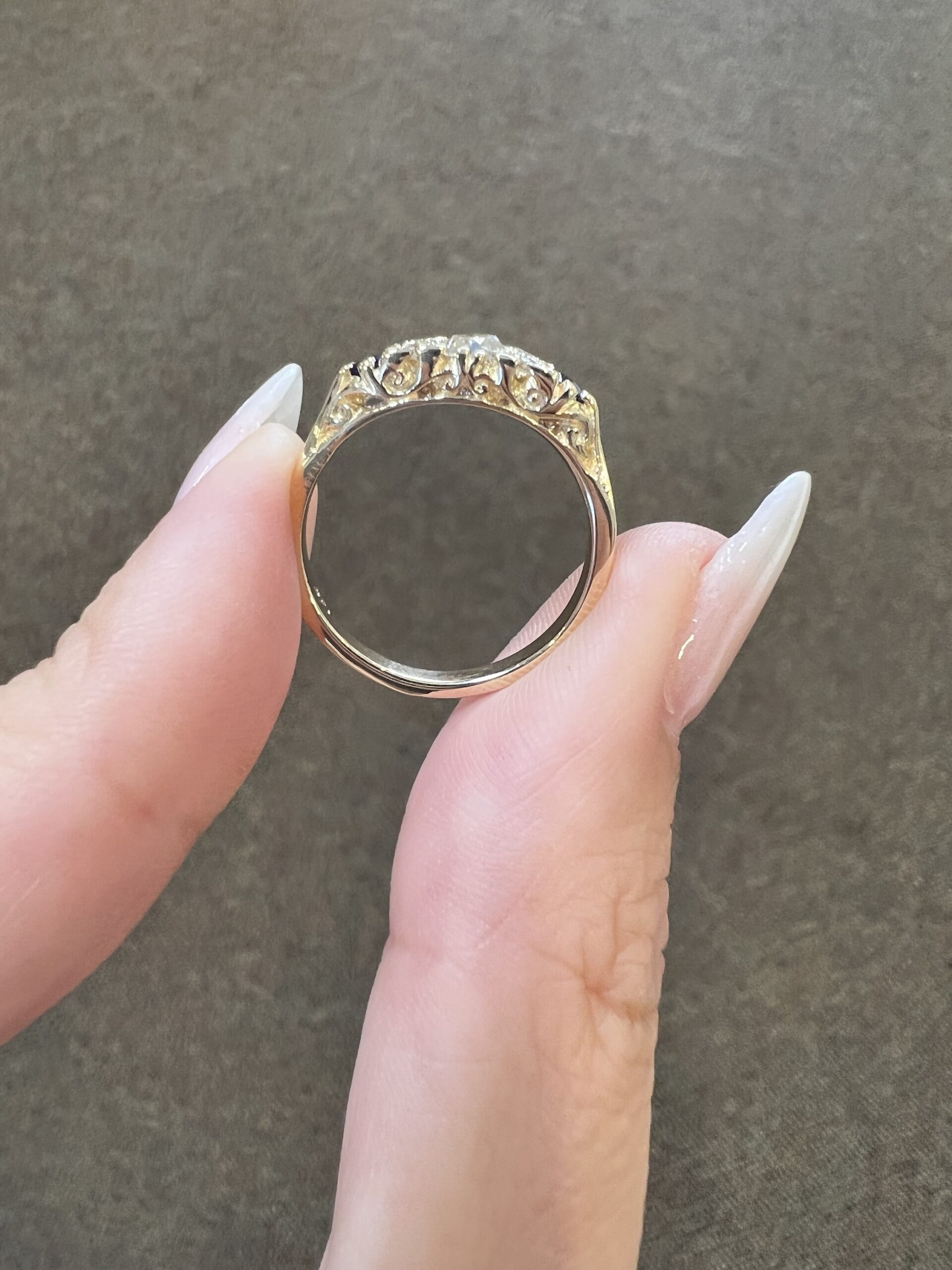 Custom Made 14k Yellow Gold Genuine Old Mine Cut Diamond & Sapphire Motif Ring - Image 23