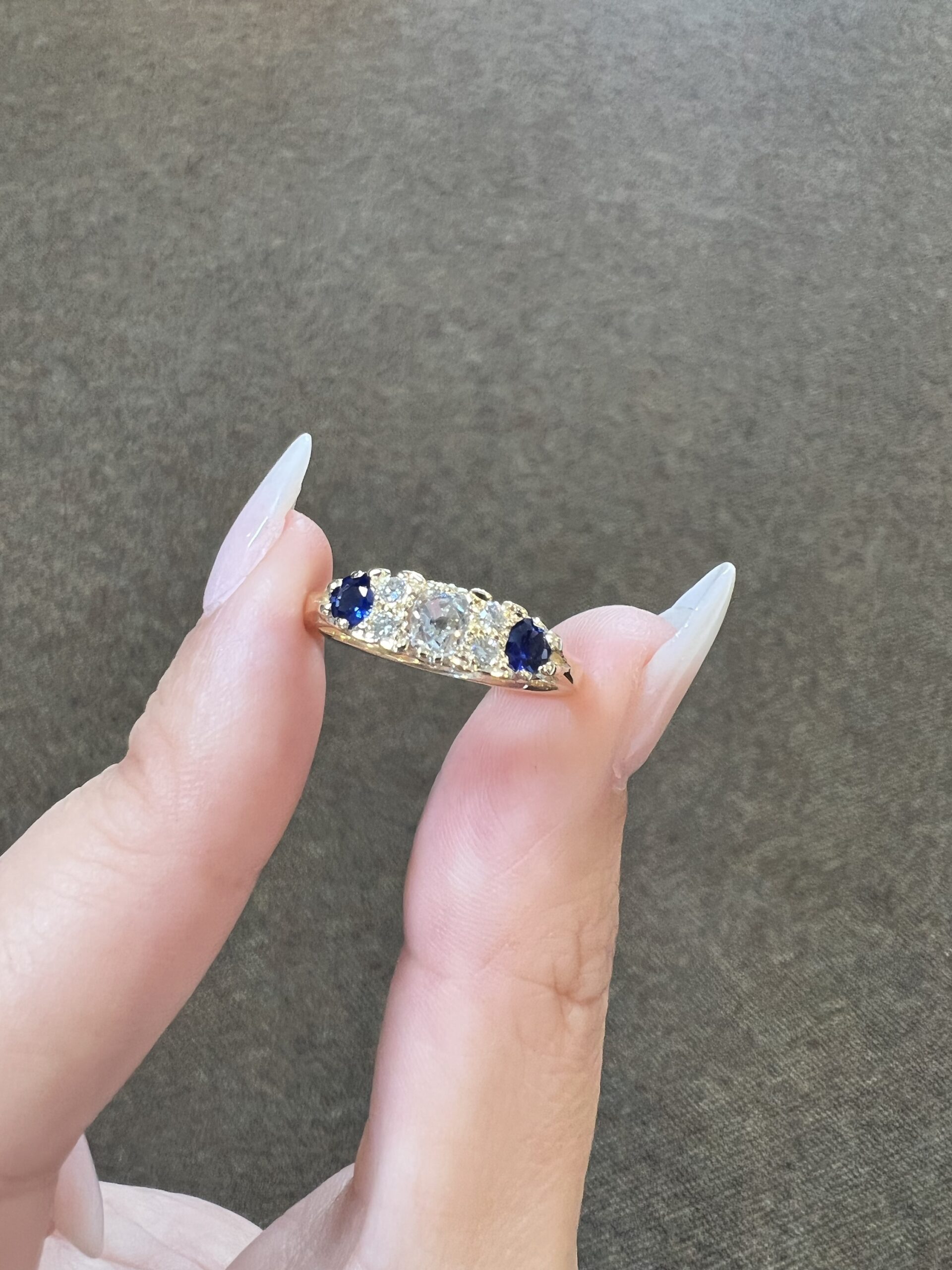 Custom Made 14k Yellow Gold Genuine Old Mine Cut Diamond & Sapphire Motif Ring - Image 14