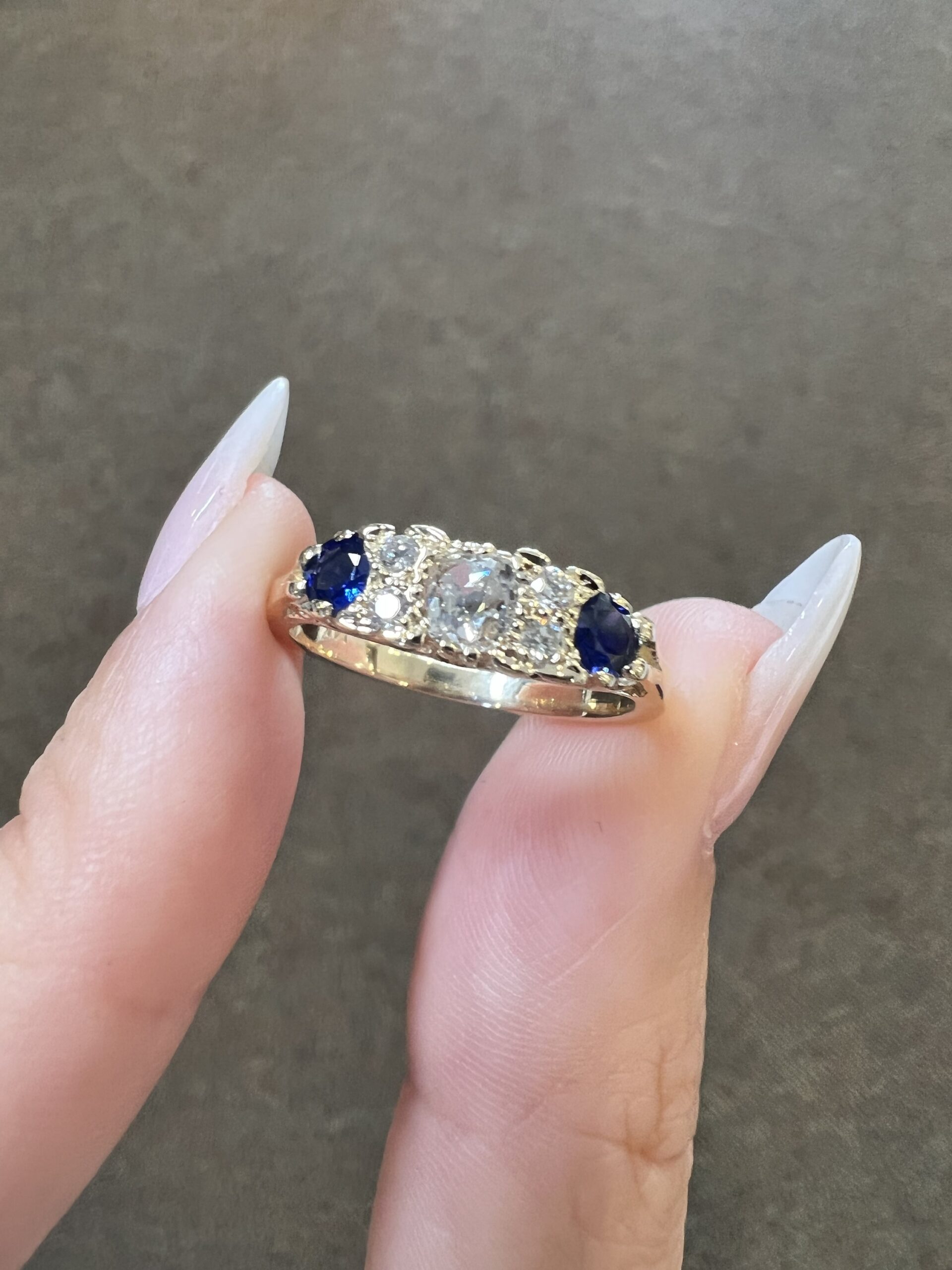 Custom Made 14k Yellow Gold Genuine Old Mine Cut Diamond & Sapphire Motif Ring - Image 2