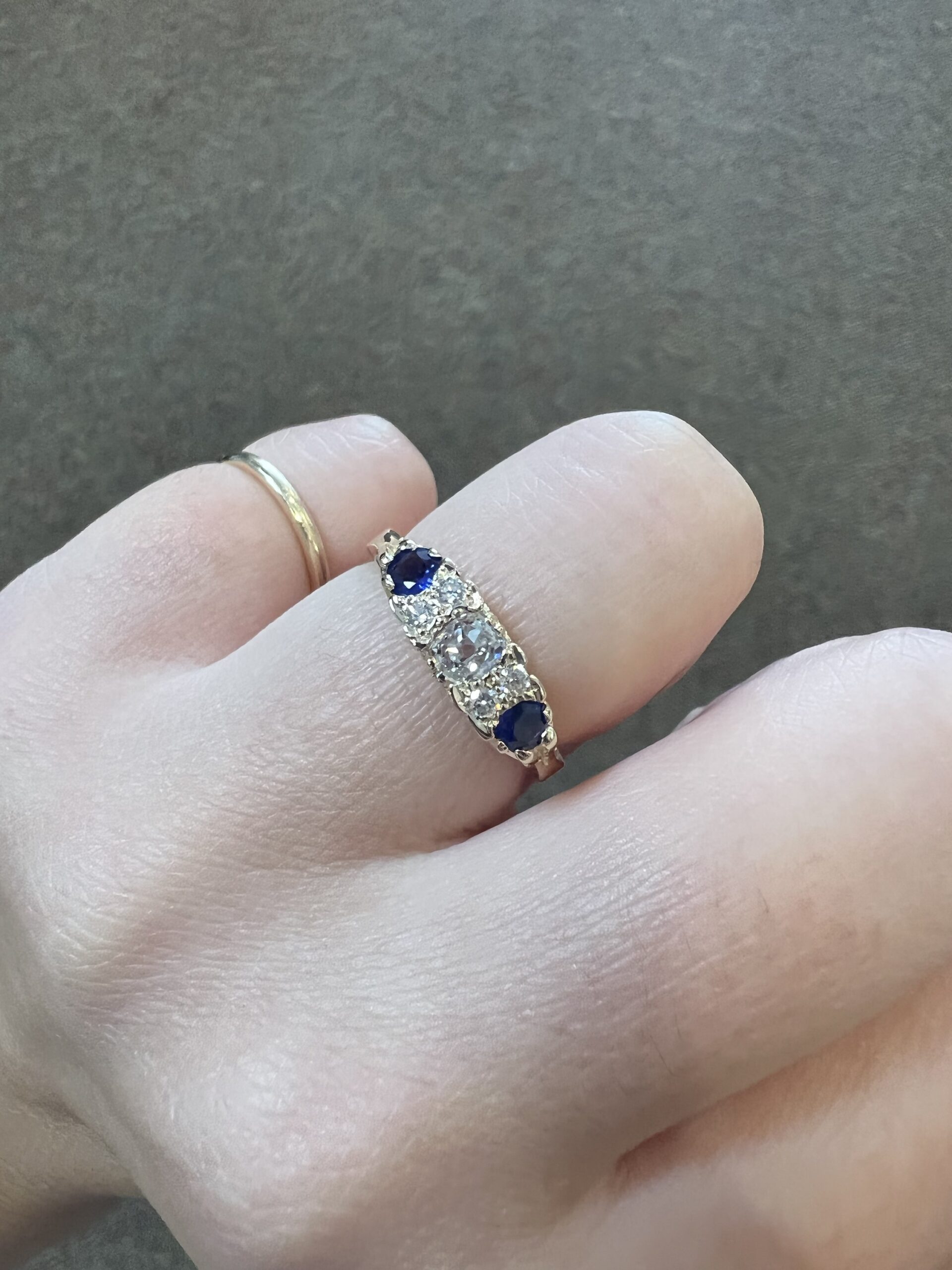 Custom Made 14k Yellow Gold Genuine Old Mine Cut Diamond & Sapphire Motif Ring - Image 15