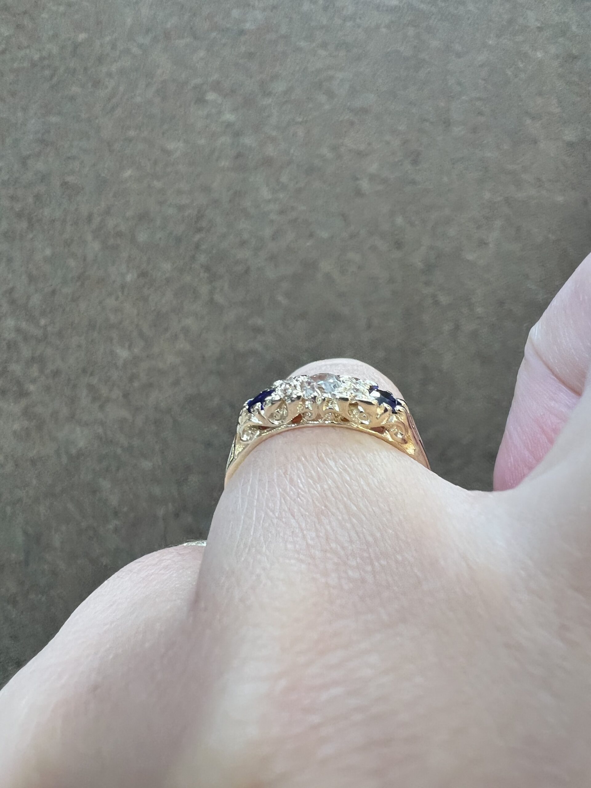 Custom Made 14k Yellow Gold Genuine Old Mine Cut Diamond & Sapphire Motif Ring - Image 18