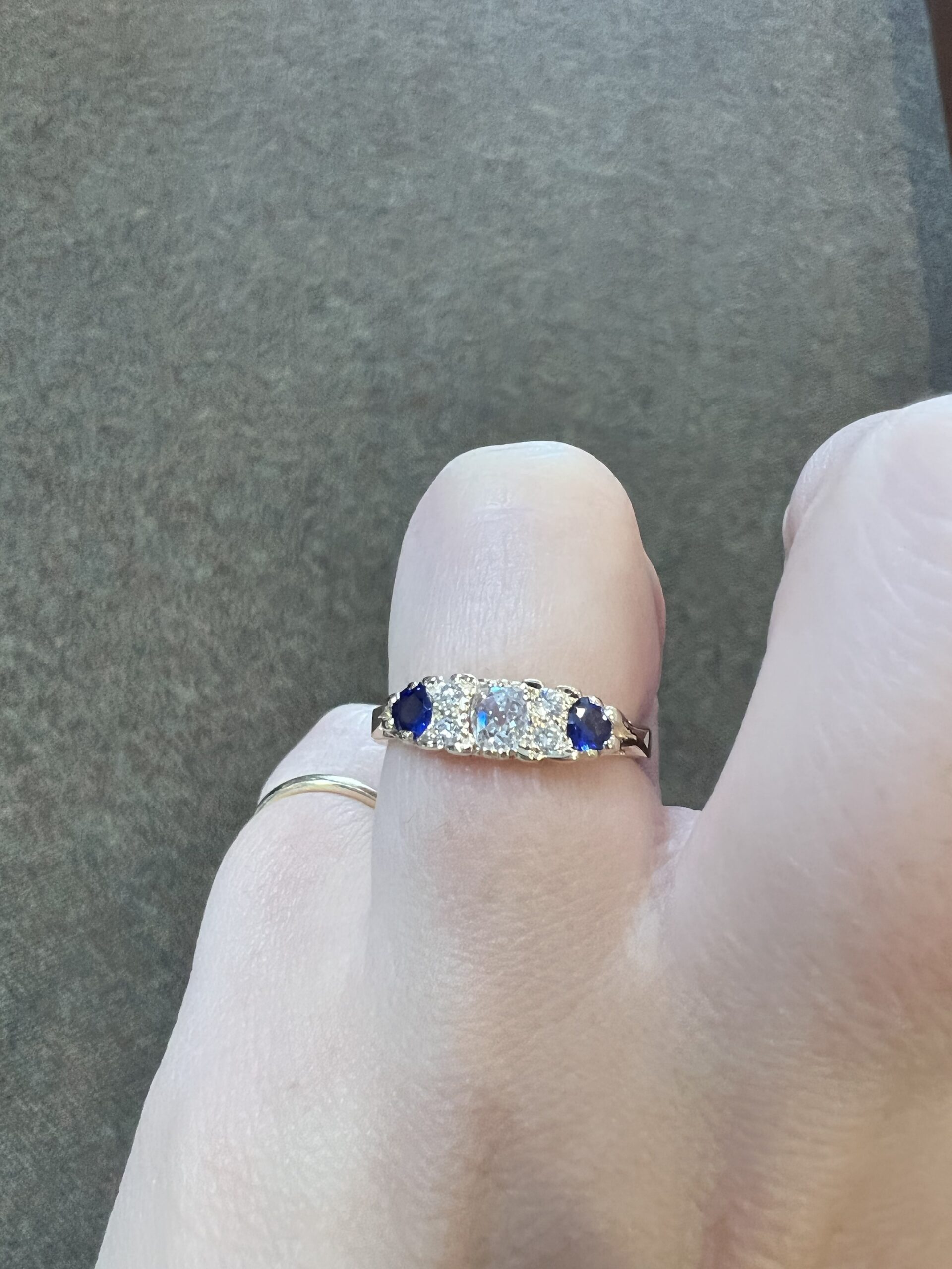 Custom Made 14k Yellow Gold Genuine Old Mine Cut Diamond & Sapphire Motif Ring - Image 7