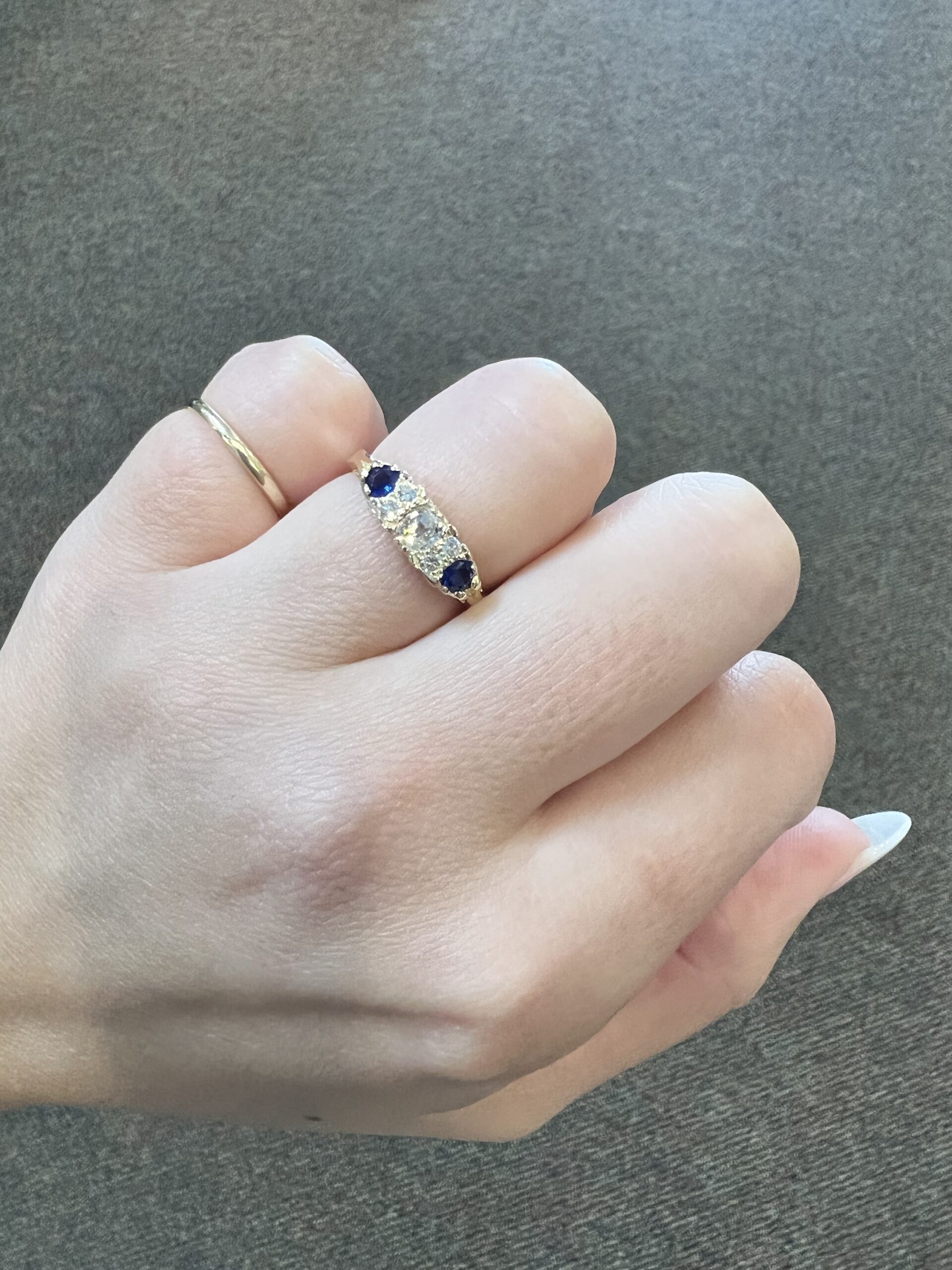 Custom Made 14k Yellow Gold Genuine Old Mine Cut Diamond & Sapphire Motif Ring - Image 9