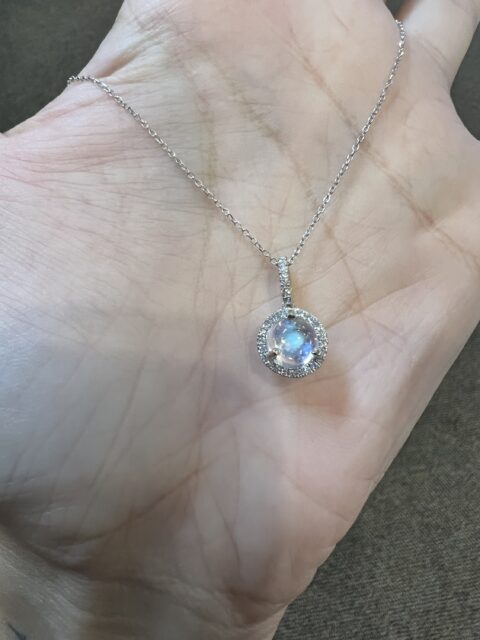 14k White Gold Genuine 1.55 Cttw Moonstone & Diamond Halo Pendant