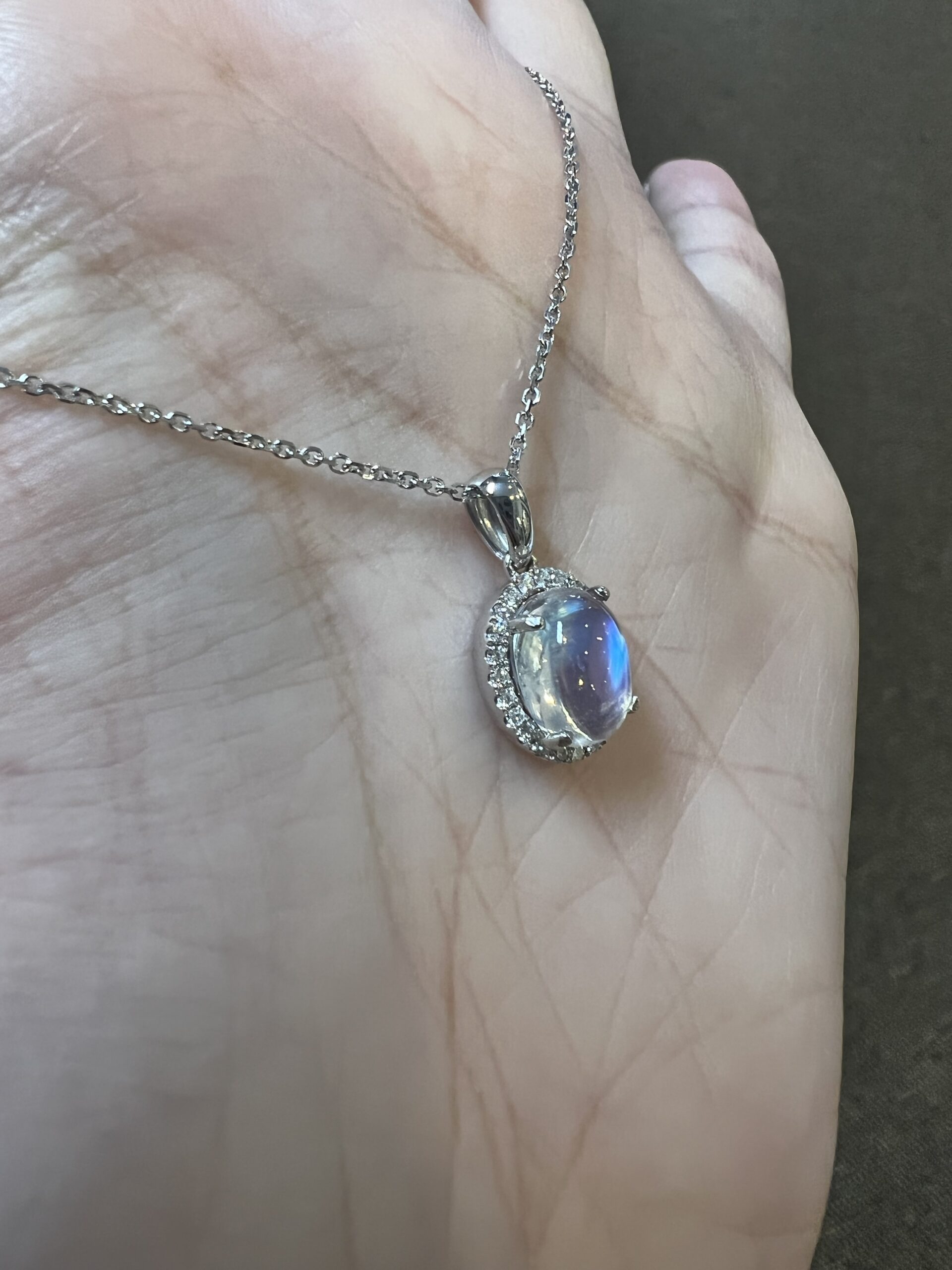 14k White Gold Genuine 1.96 Cttw Moonstone & Diamond Halo Pendant - Image 5