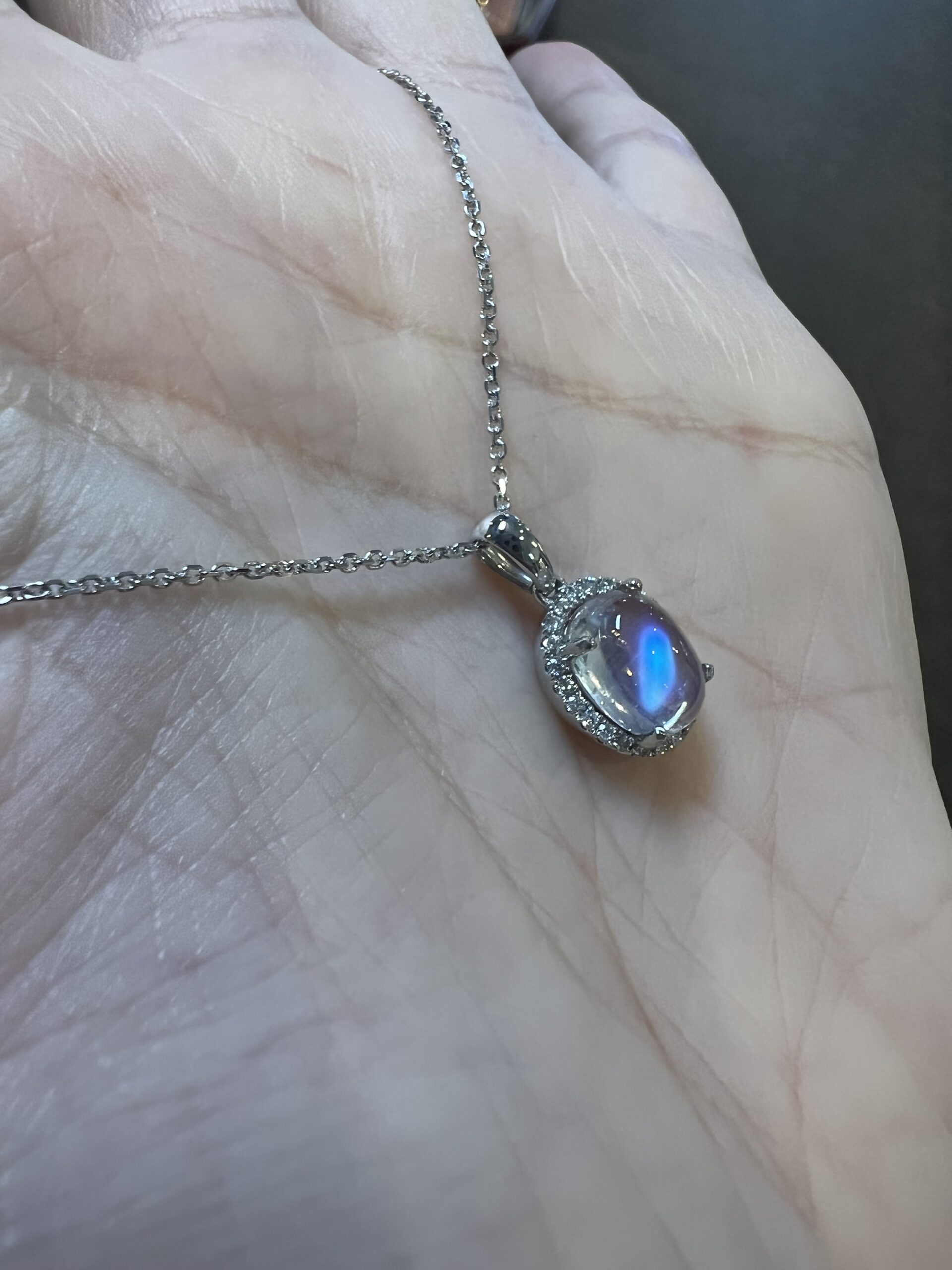 14k White Gold Genuine 1.96 Cttw Moonstone & Diamond Halo Pendant - Image 7