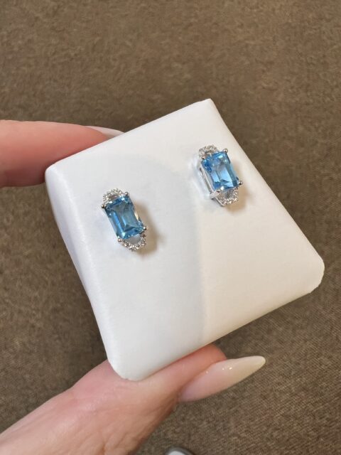 14k White Gold Genuine 2.86 Cttw Blue Topaz & Diamond Stud Earrings