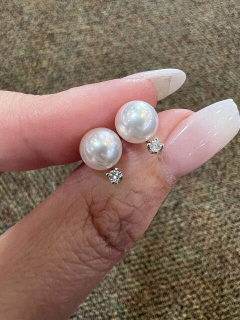14k White Gold 7.25 MM Cultured Pearl & Diamond Stud Earrings