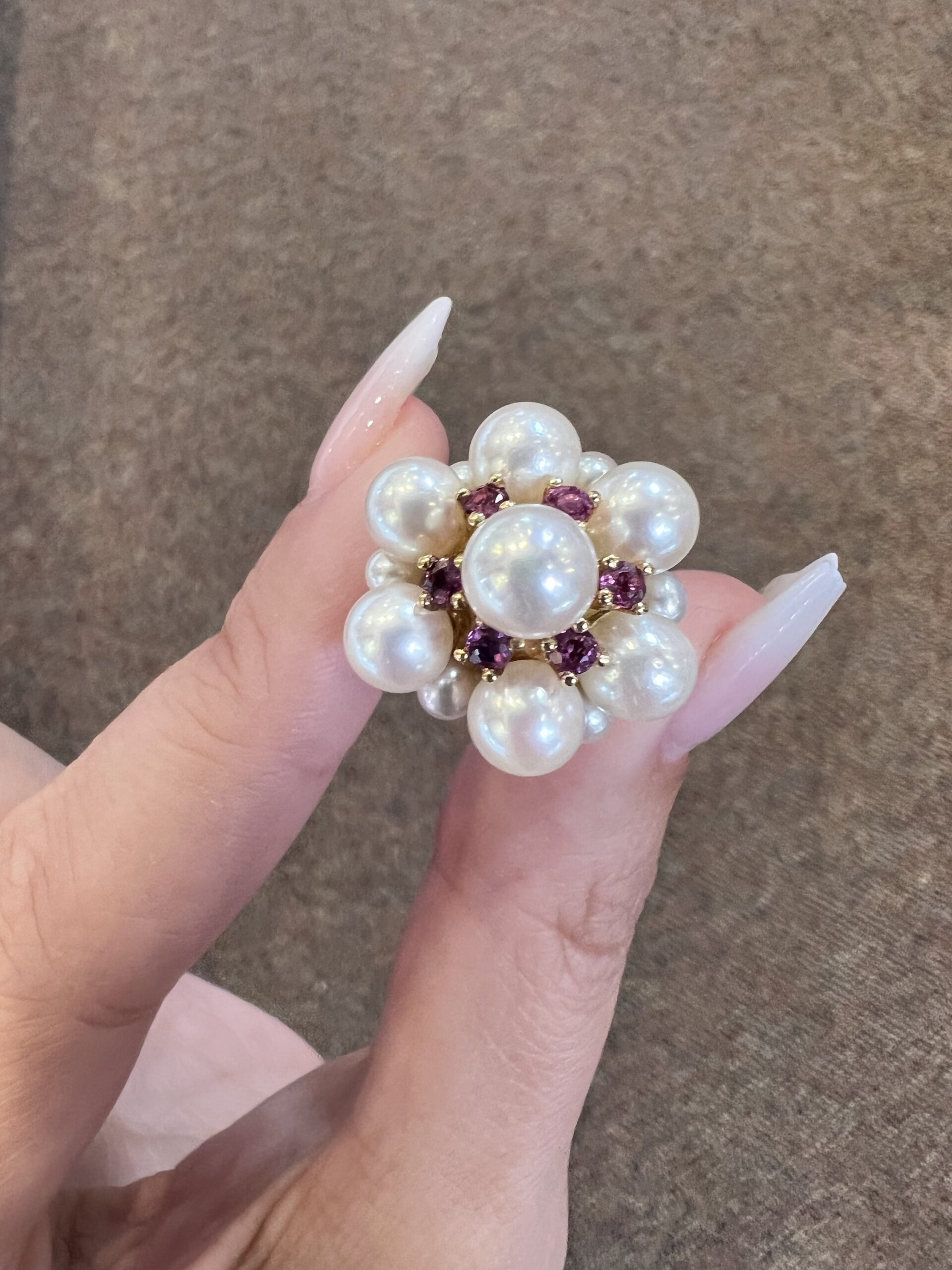 Vintage 14k Yellow Gold Cultured Pearl & Genuine Ruby Cluster Ring