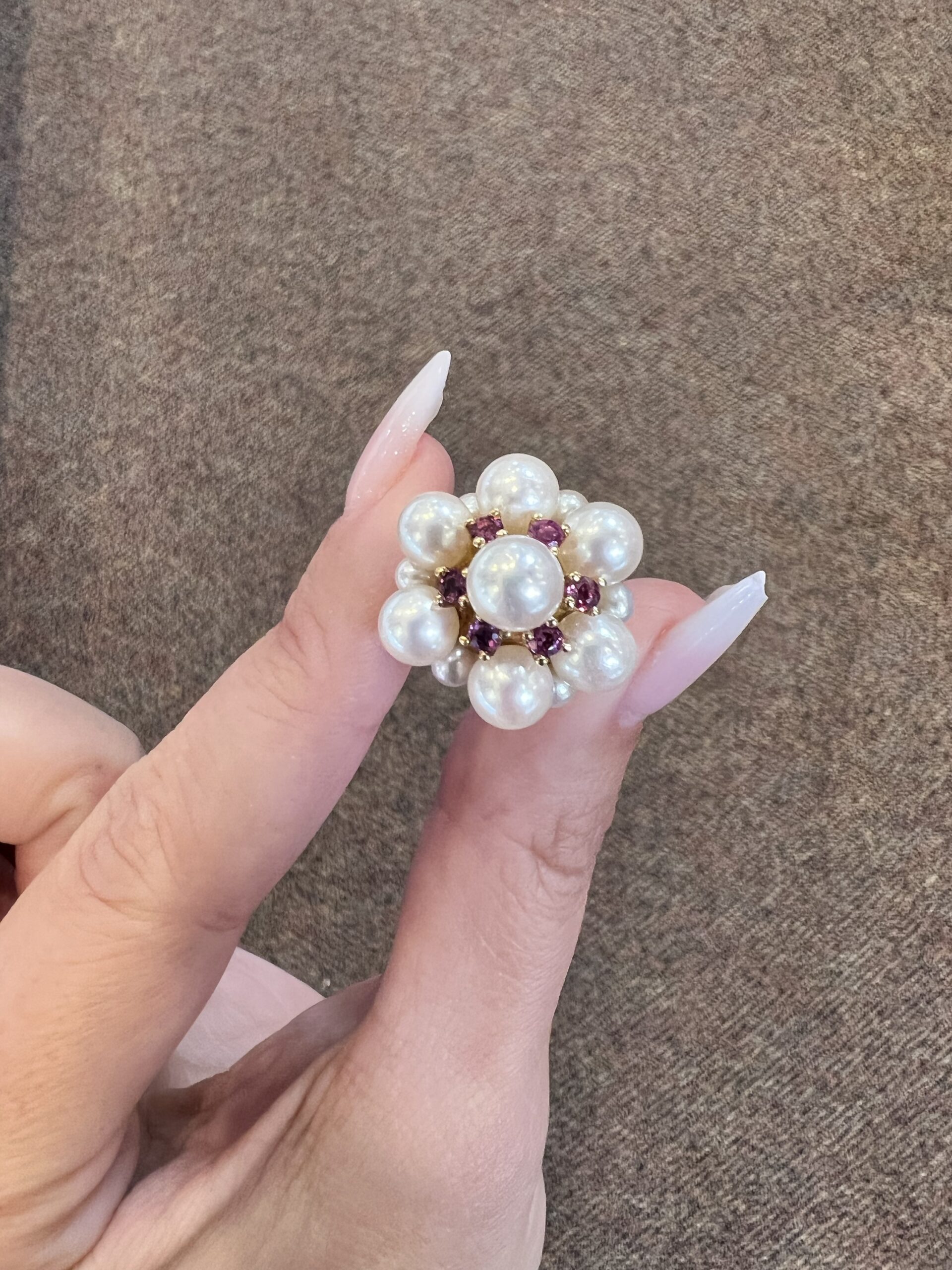 Vintage 14k Yellow Gold Cultured Pearl & Genuine Ruby Cluster Ring - Image 2