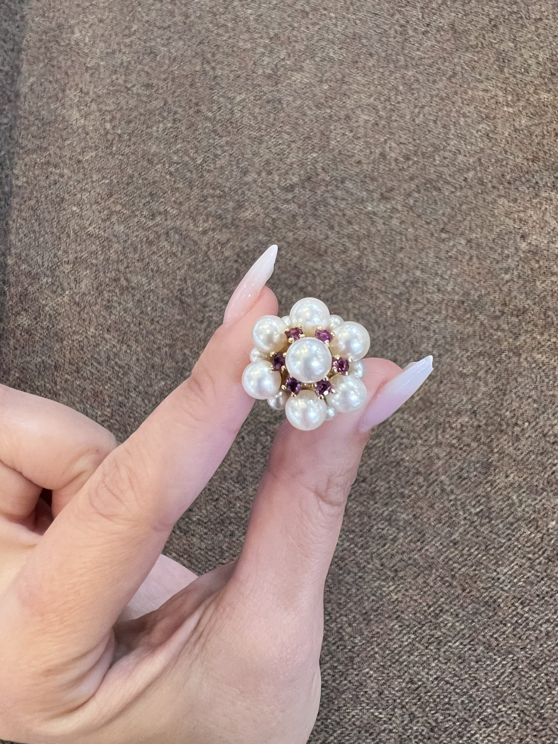 Vintage 14k Yellow Gold Cultured Pearl & Genuine Ruby Cluster Ring - Image 3